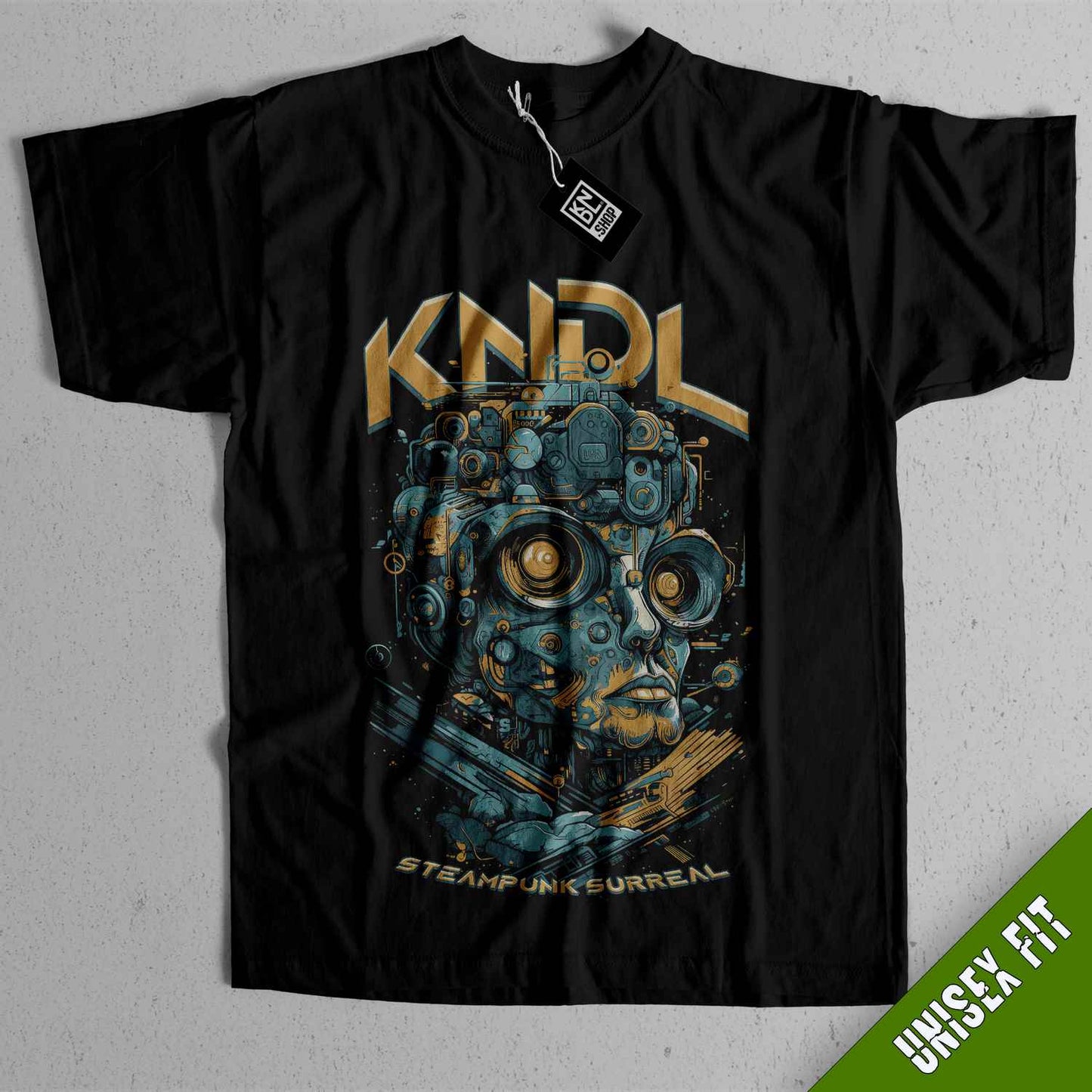 a black shirt with a picture of a robot head on it