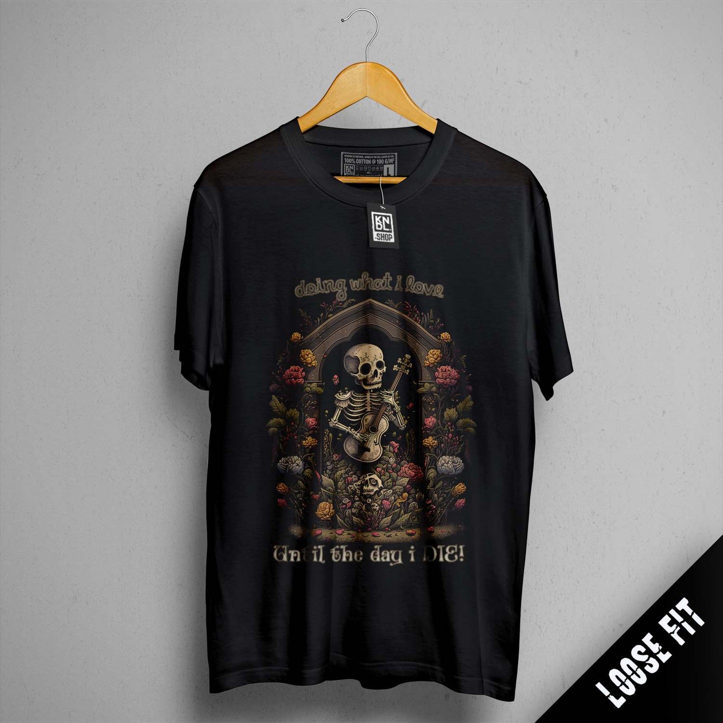 a black shirt with a skeleton on it