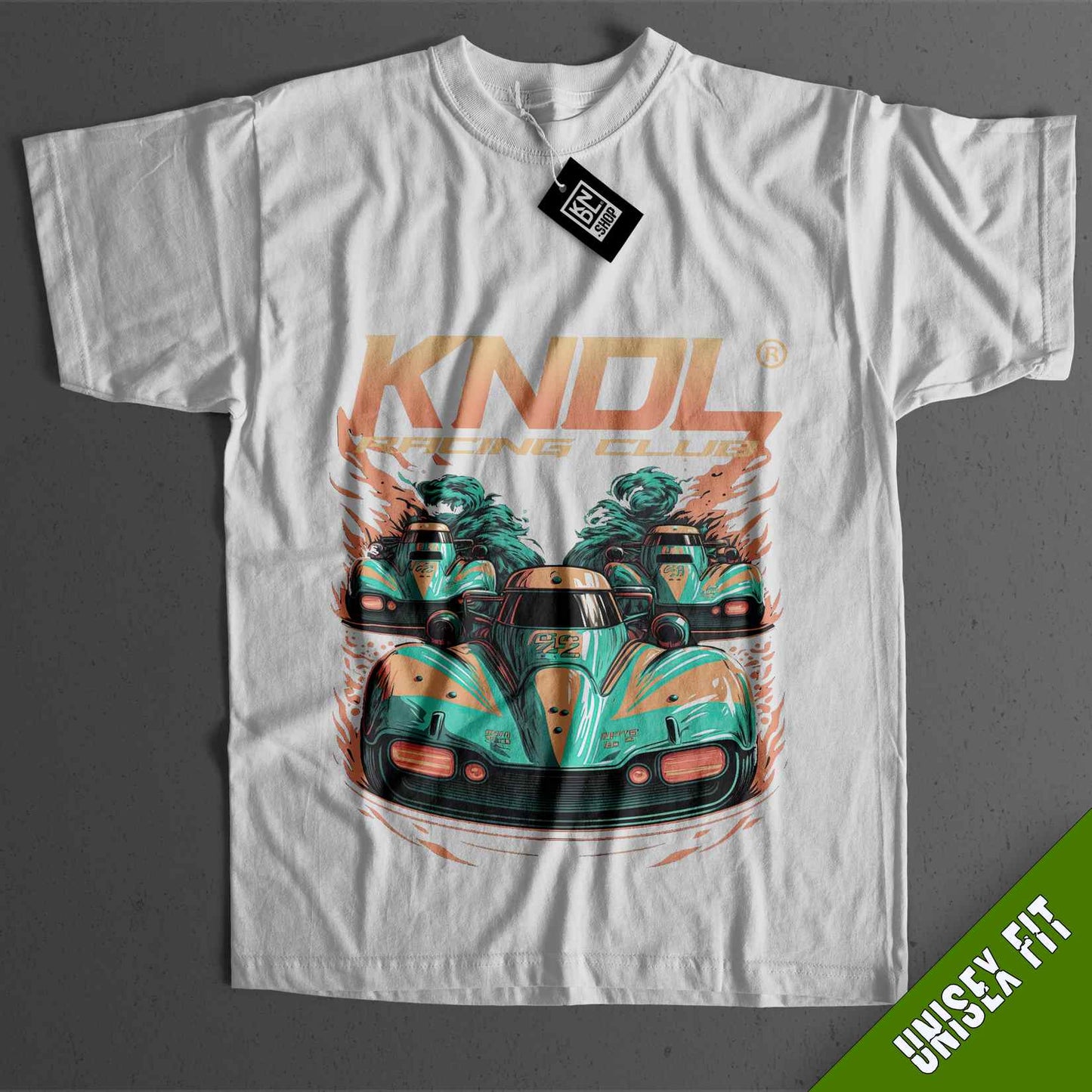 a white t - shirt with an image of a car on it