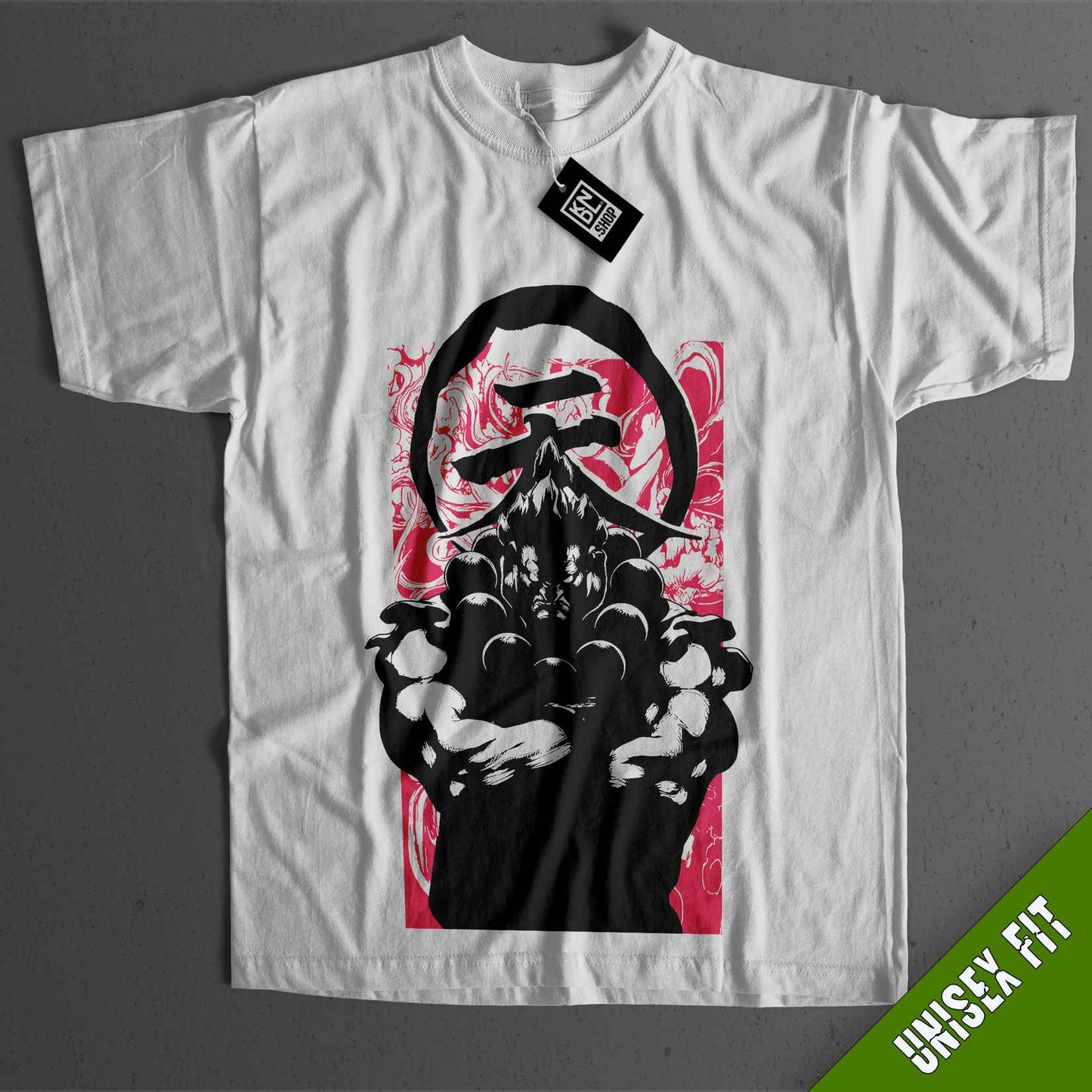 a white t - shirt with a picture of a man holding a gun