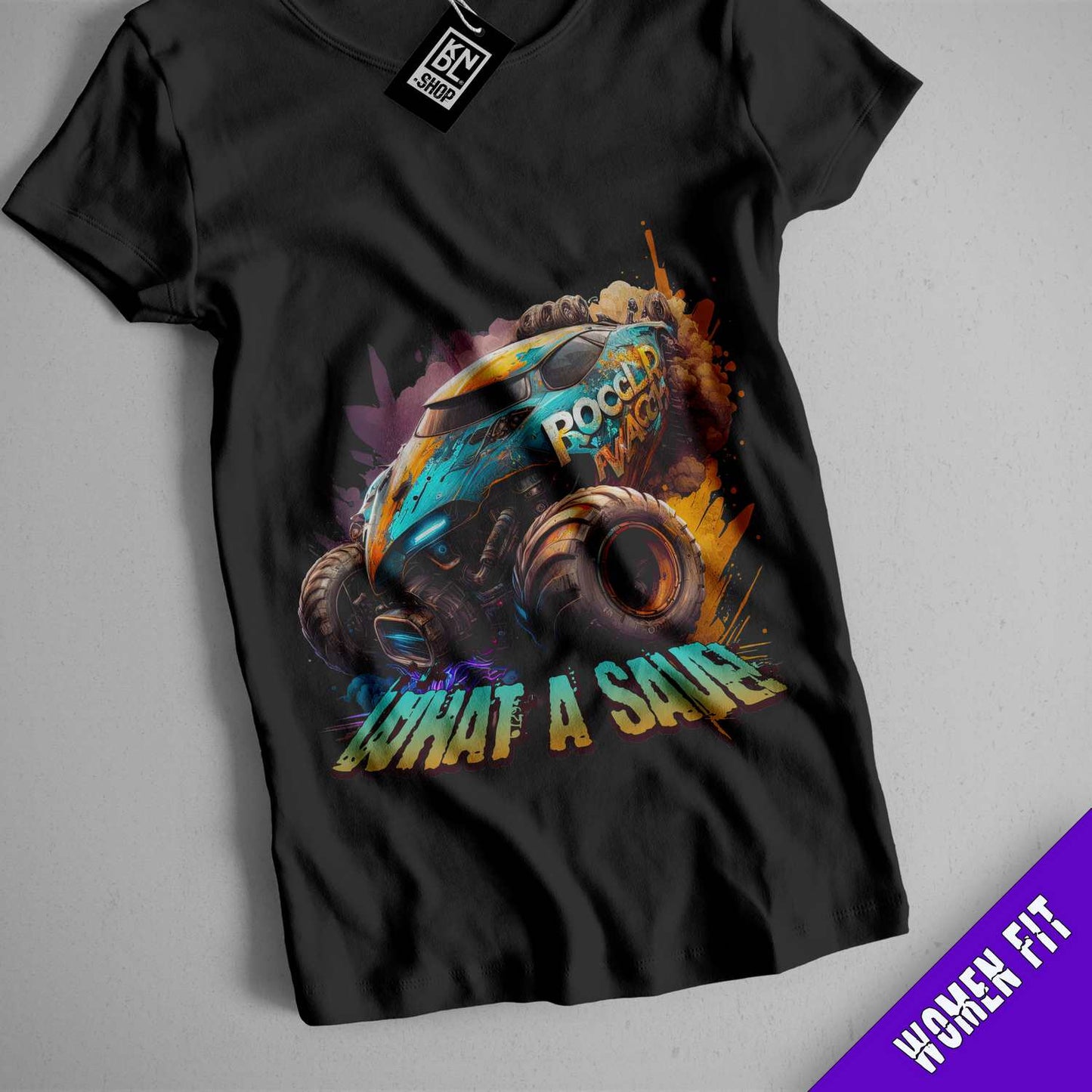 a black shirt with a monster truck on it