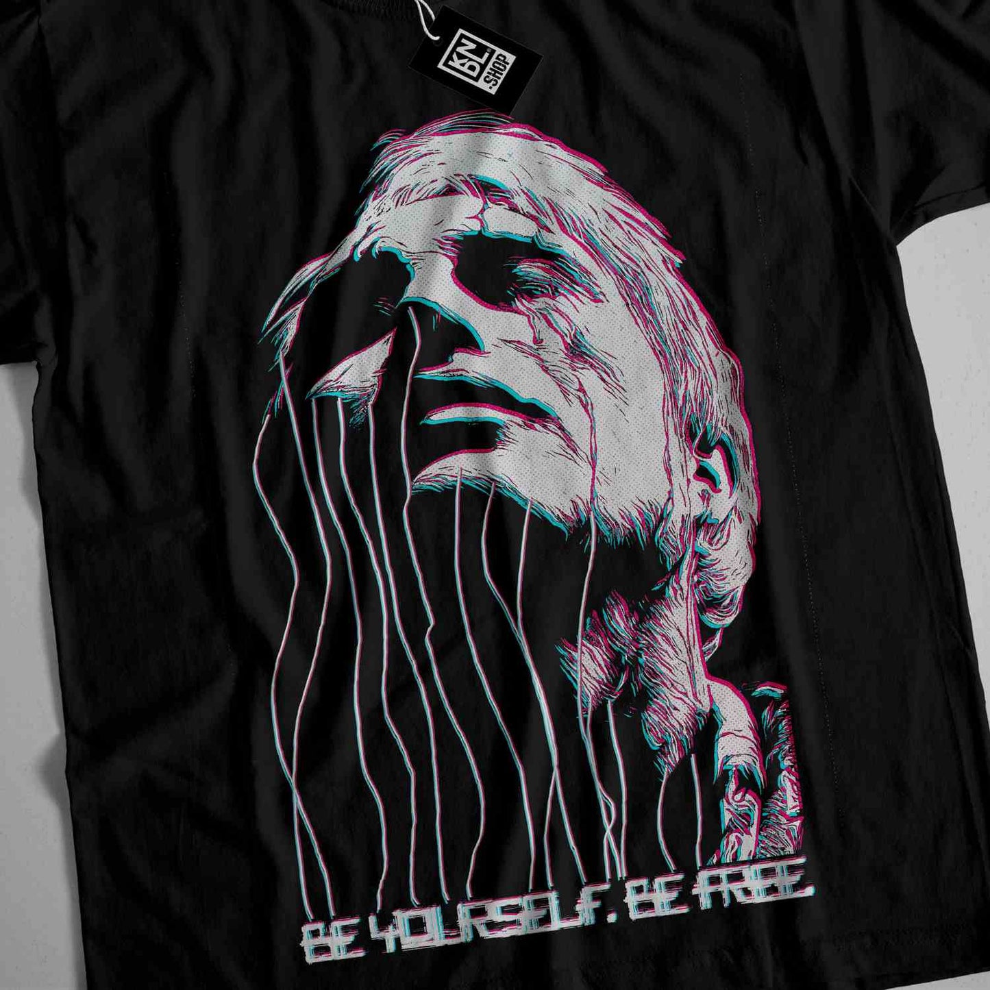 a black t - shirt with a picture of a man's face