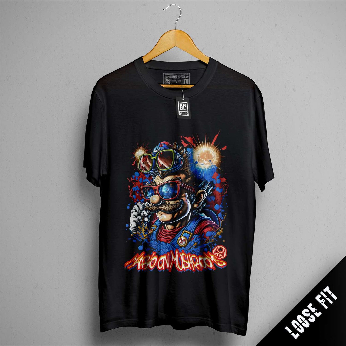 a black t - shirt with an image of a robot holding a gun