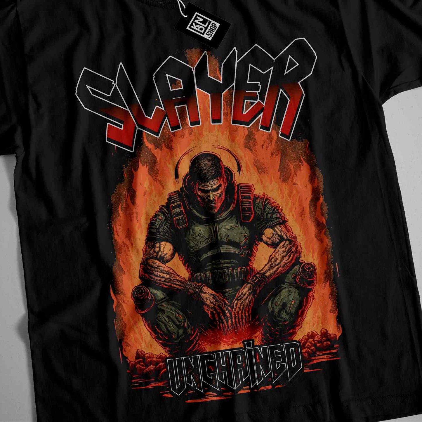 a black shirt with a picture of a man sitting on a fire