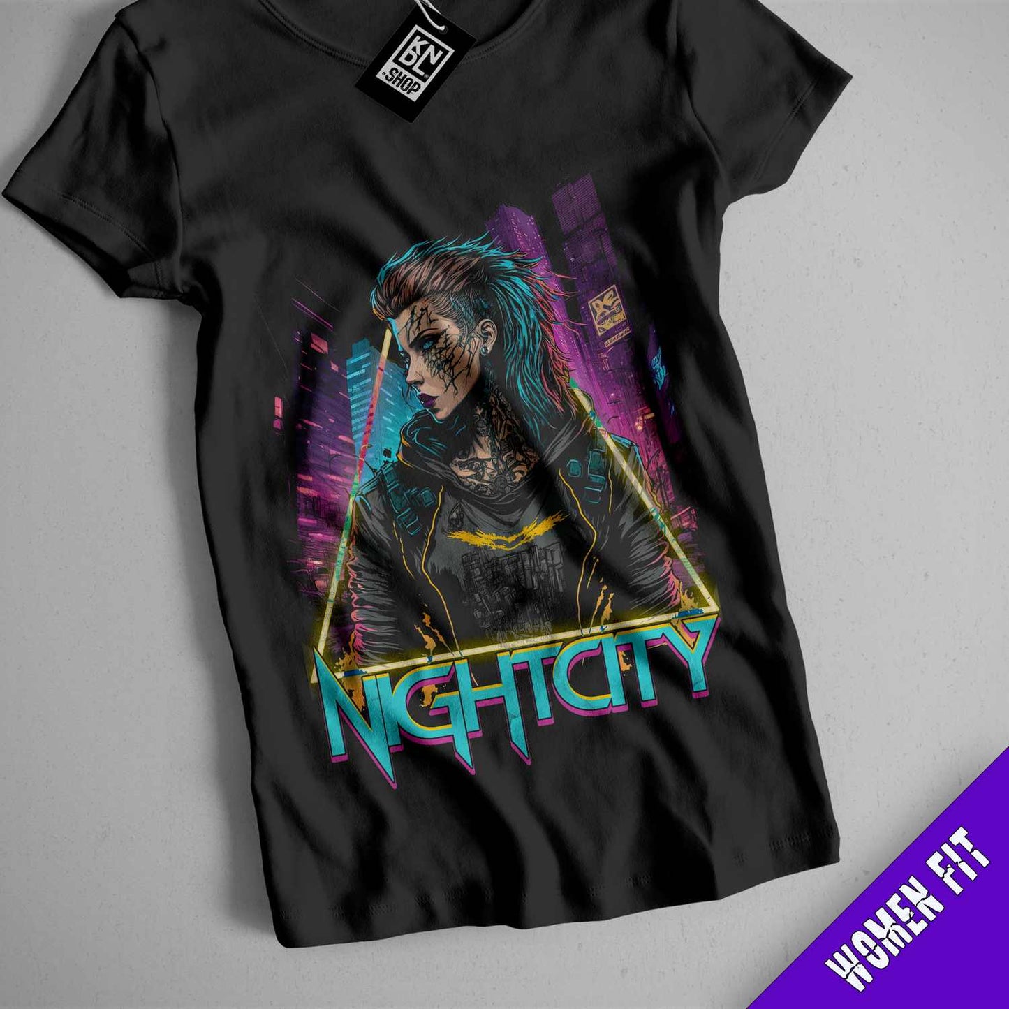 a black t - shirt with a picture of a woman in the background