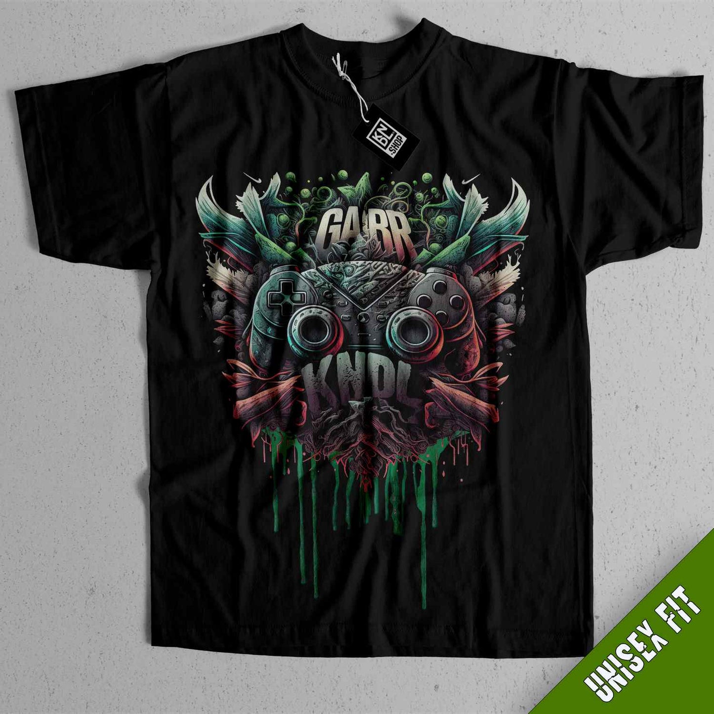 a black t - shirt with a green and red design on it