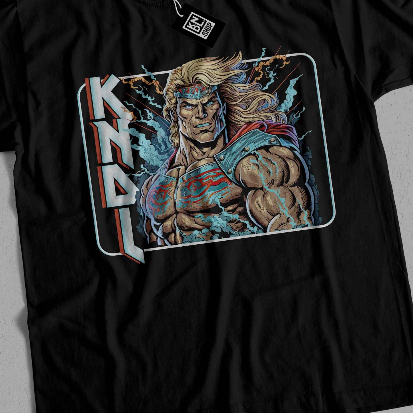 a black t - shirt with a picture of a man holding a sword