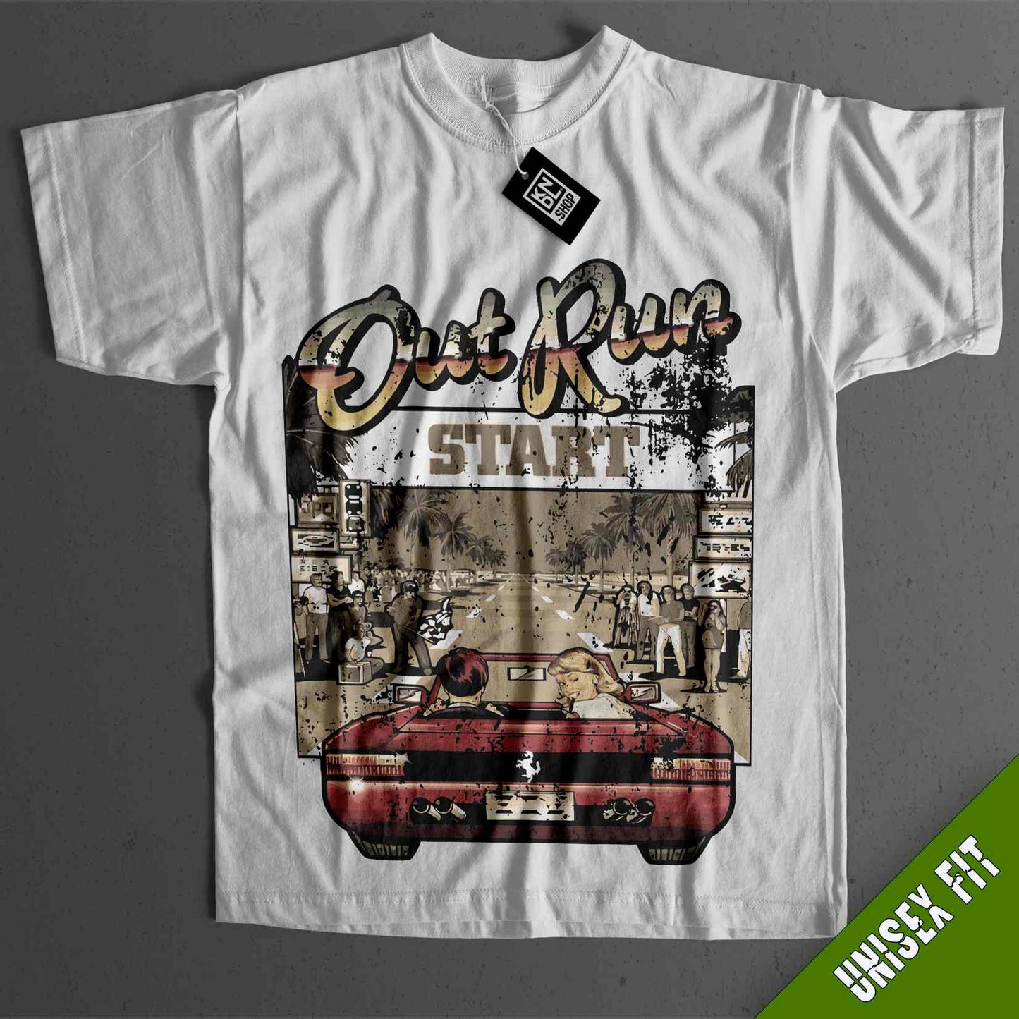 a white shirt with a red car on it