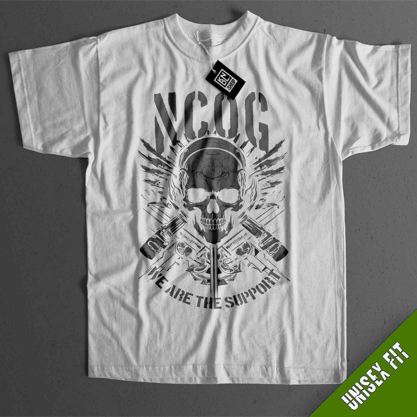 a white t - shirt with a skull on it