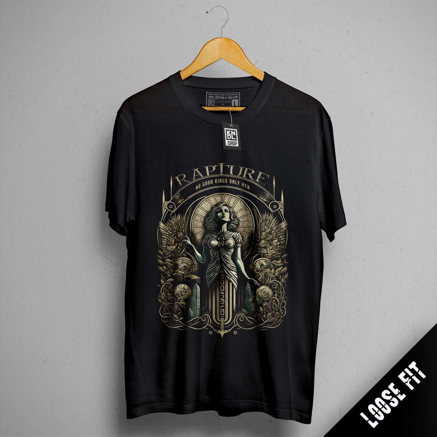 a black t - shirt with an image of a woman holding a sword