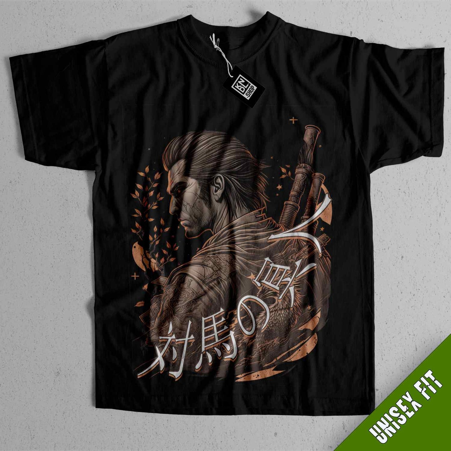 a black shirt with a picture of a man holding a sword