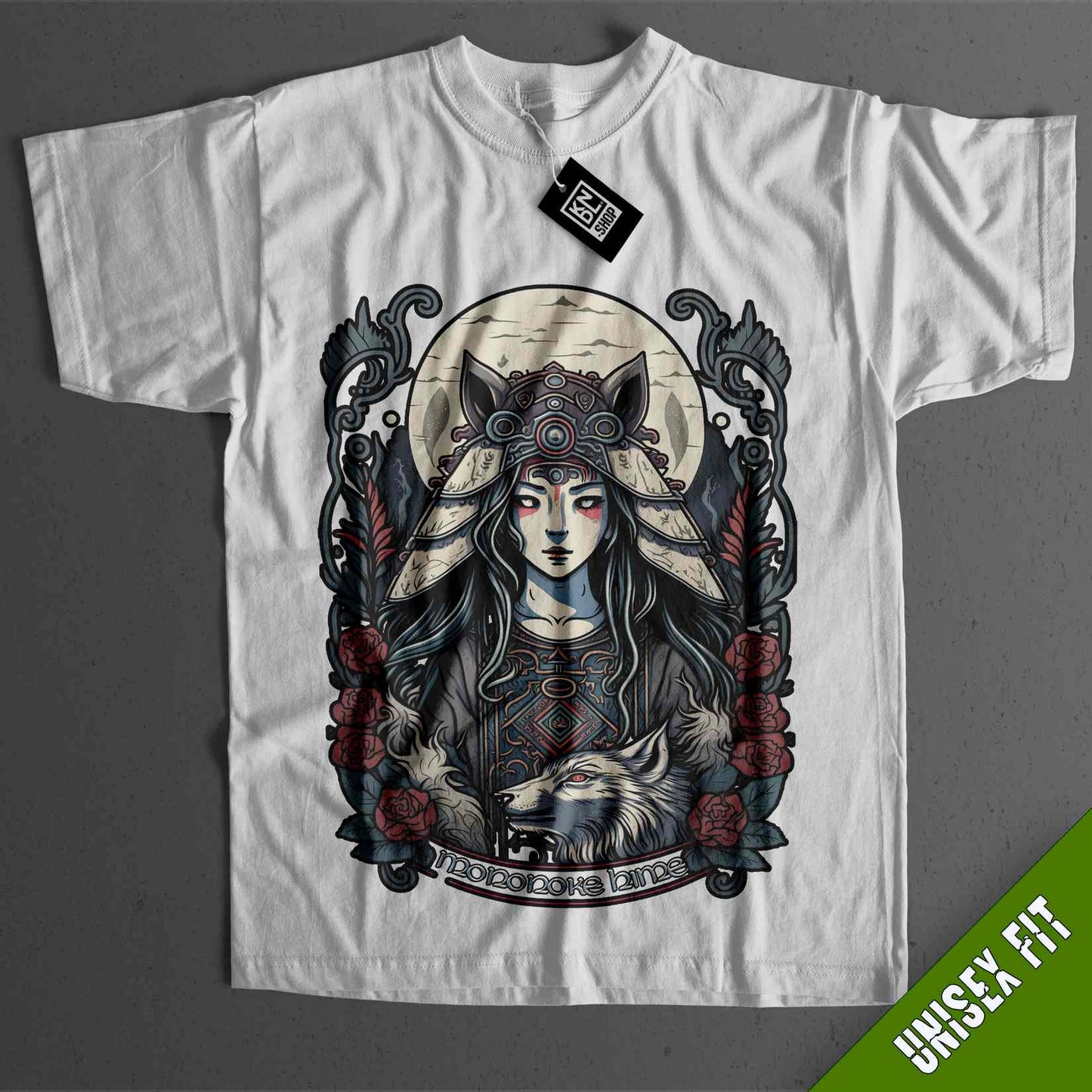 a white t - shirt with an image of a woman and a wolf on it