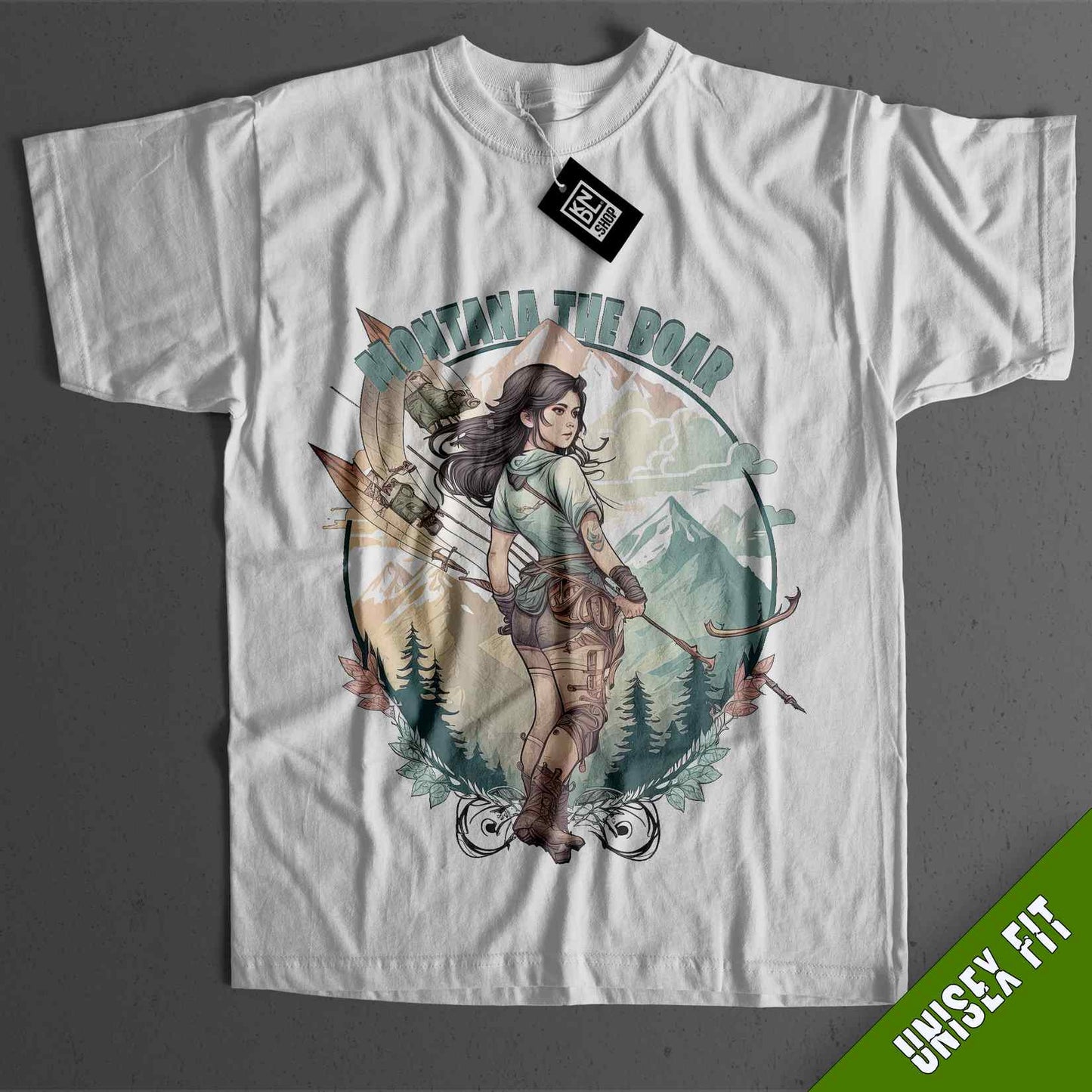a white t - shirt with an image of a woman holding a bow