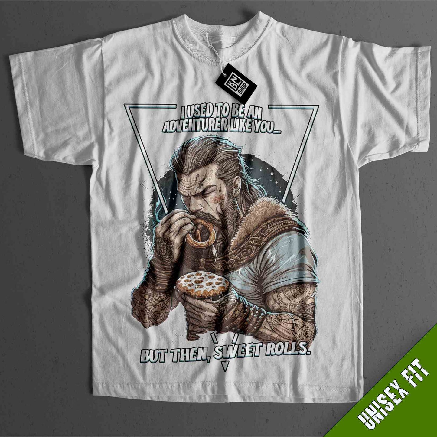 a white t - shirt with an image of a man eating a donut