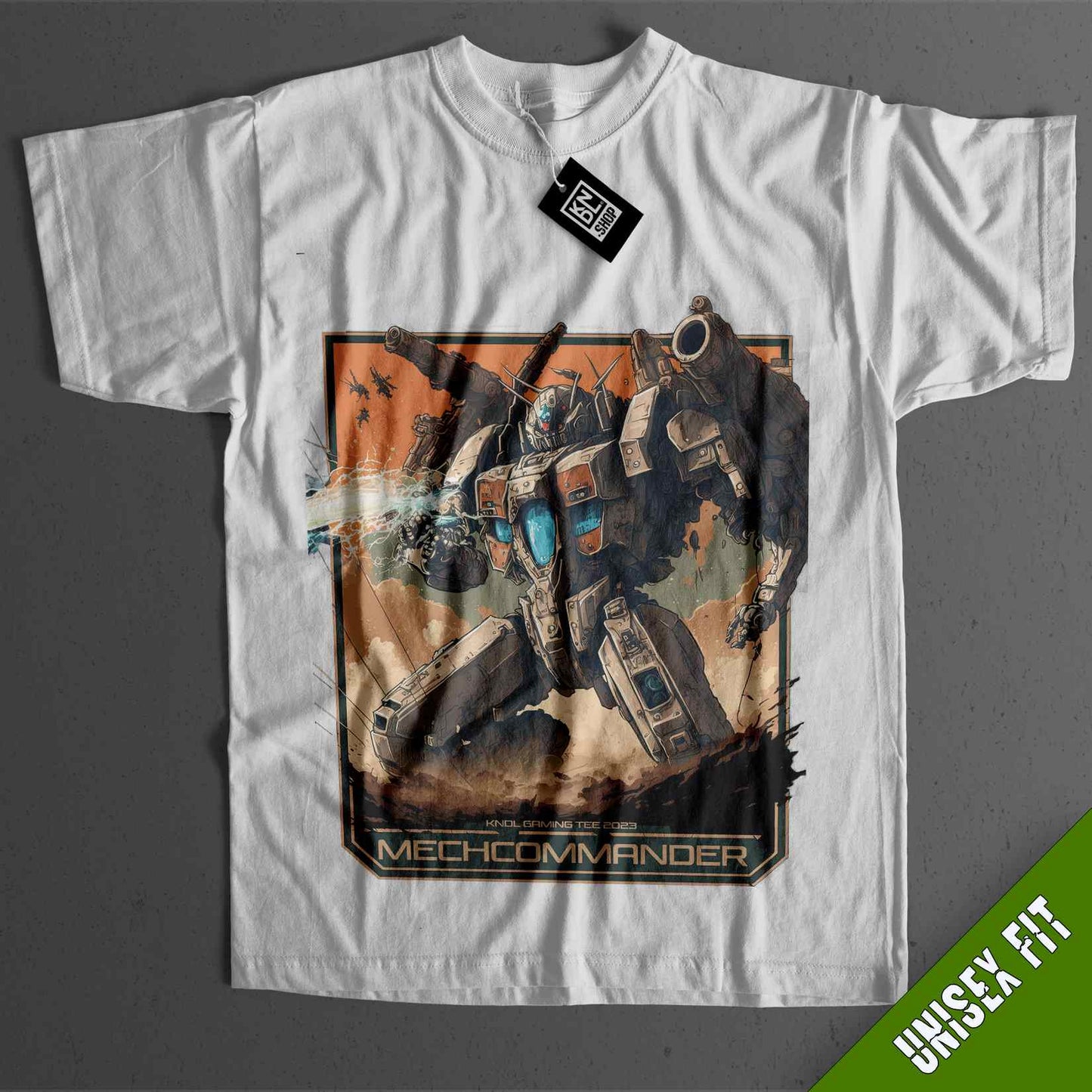 a white t - shirt with a picture of a robot on it