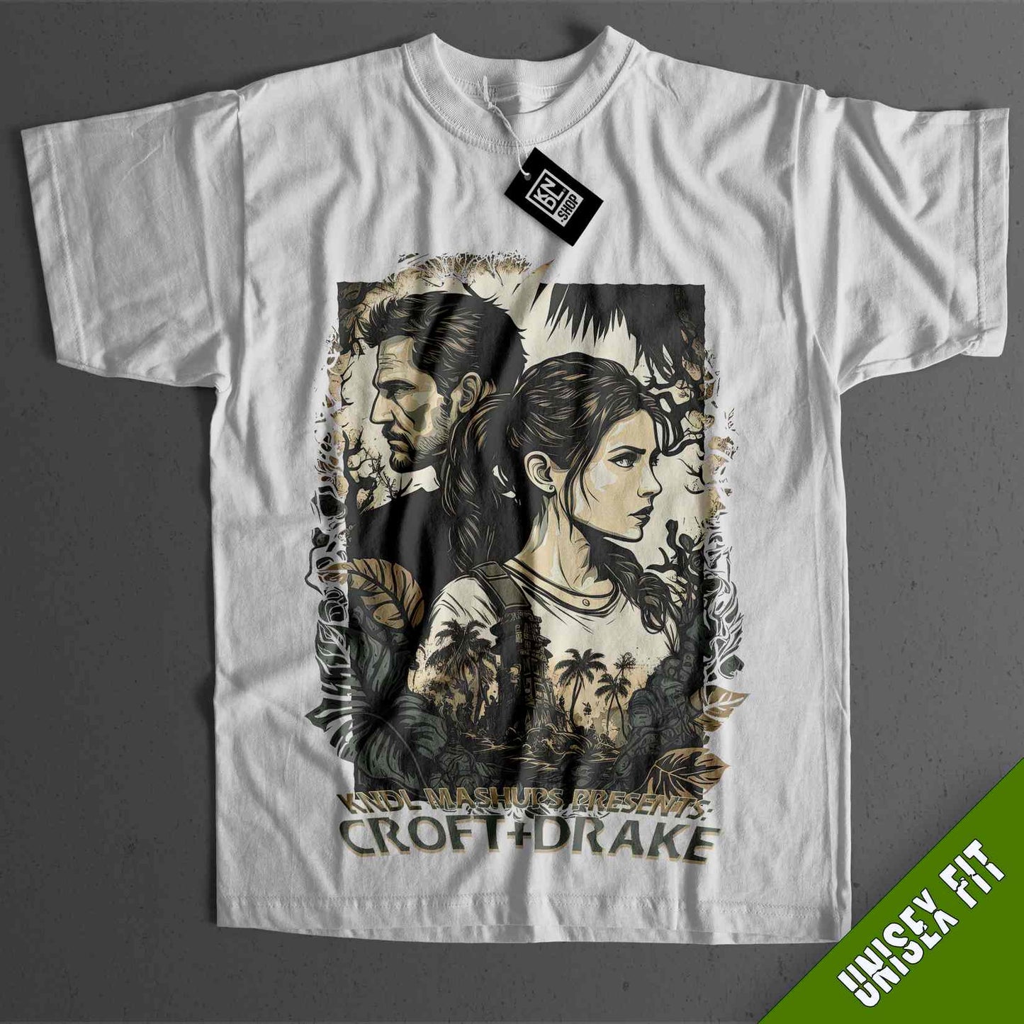 a white shirt with a picture of a woman and a man