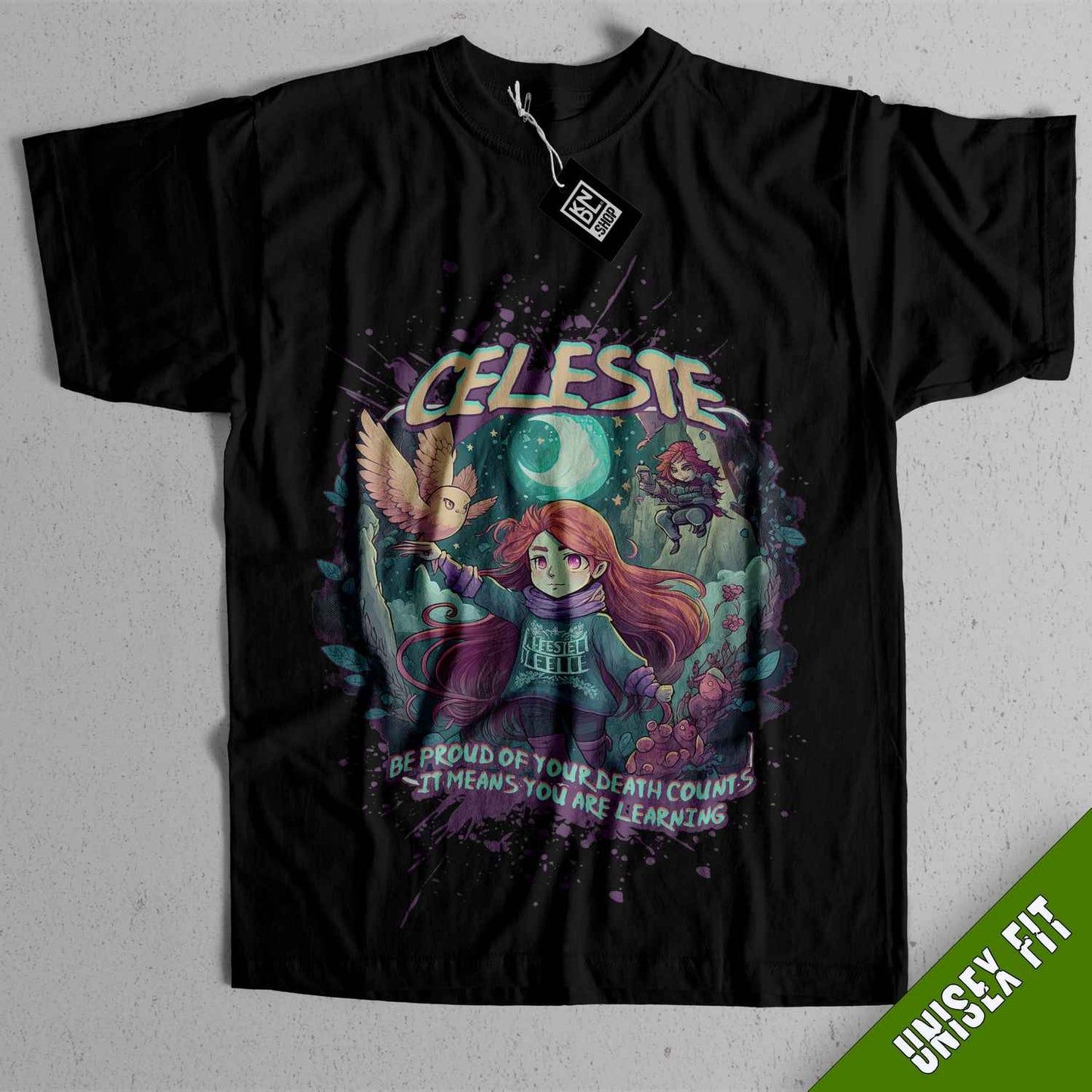 a black t - shirt with an image of a girl holding a sword
