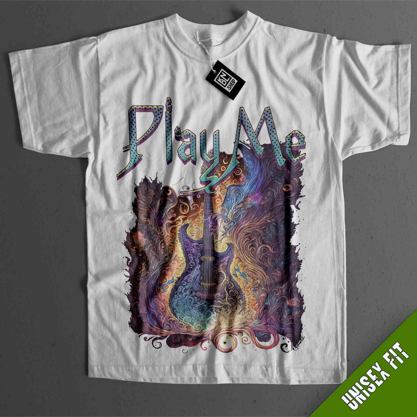 a white t - shirt with the words play me on it