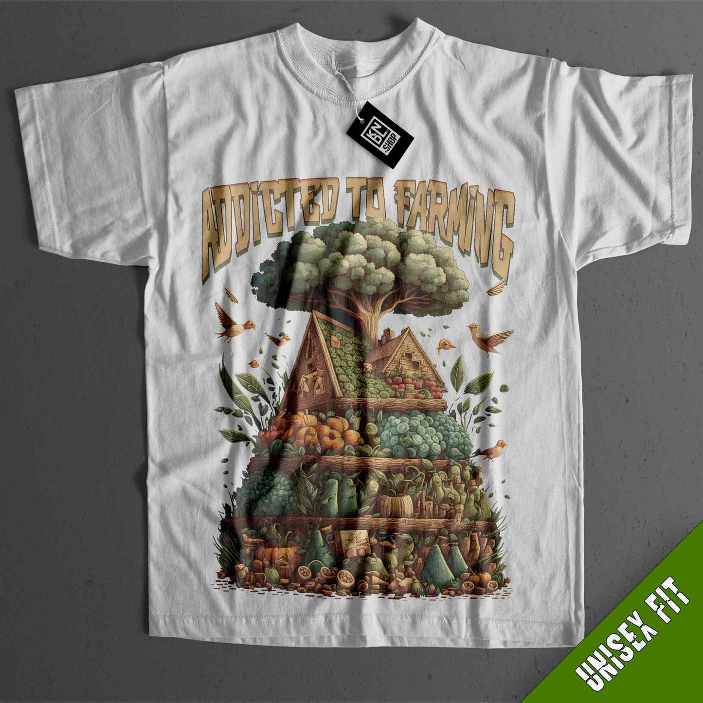 a white t - shirt with a picture of a house on it