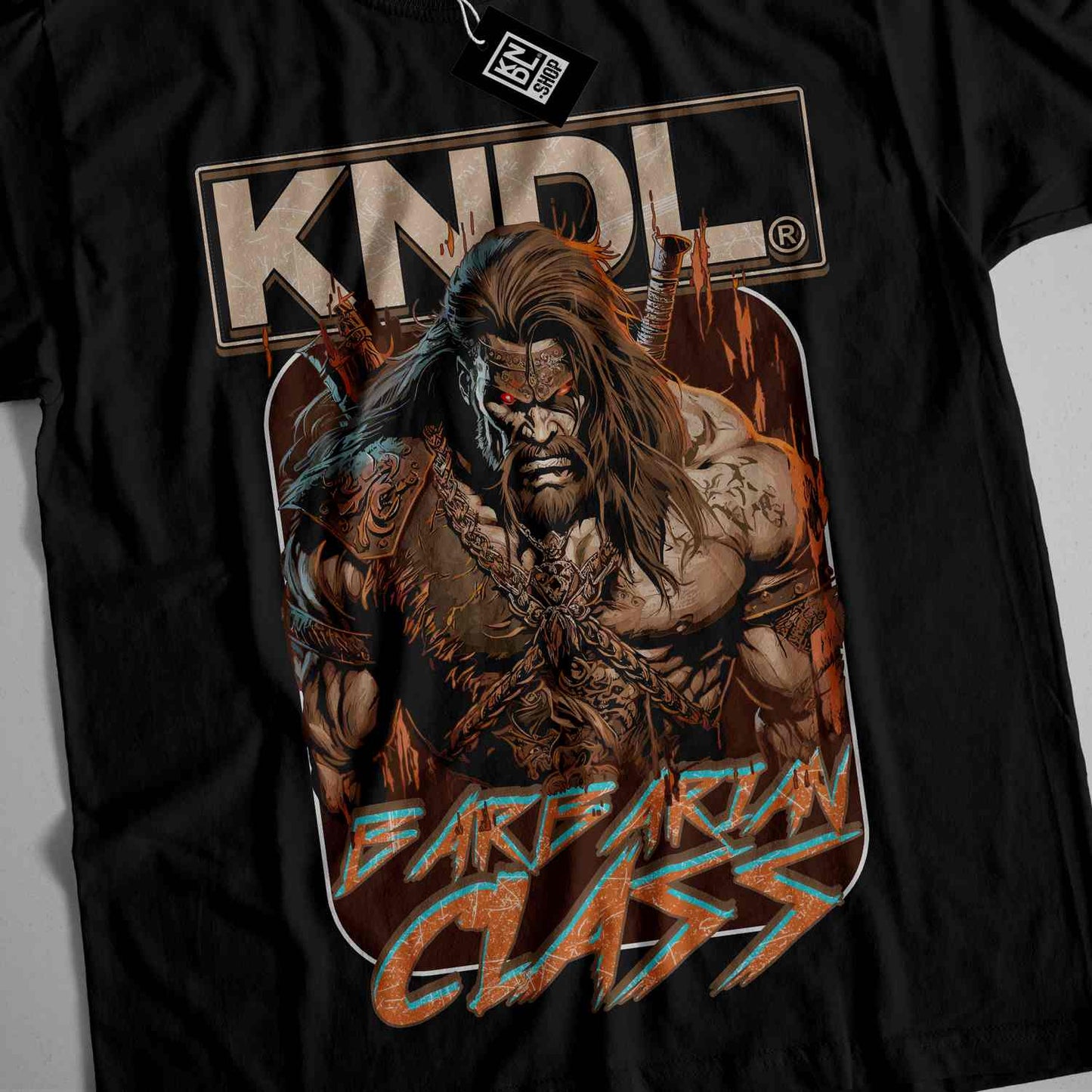 a black shirt with a picture of a man with a sword