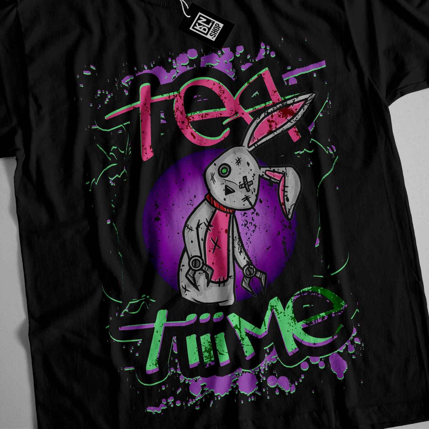 a black t - shirt with a picture of a rabbit on it