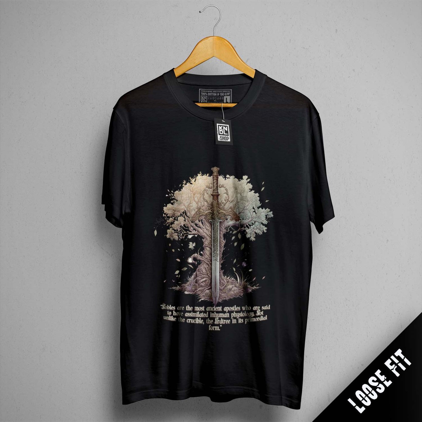 a black t - shirt with a picture of a sword on it