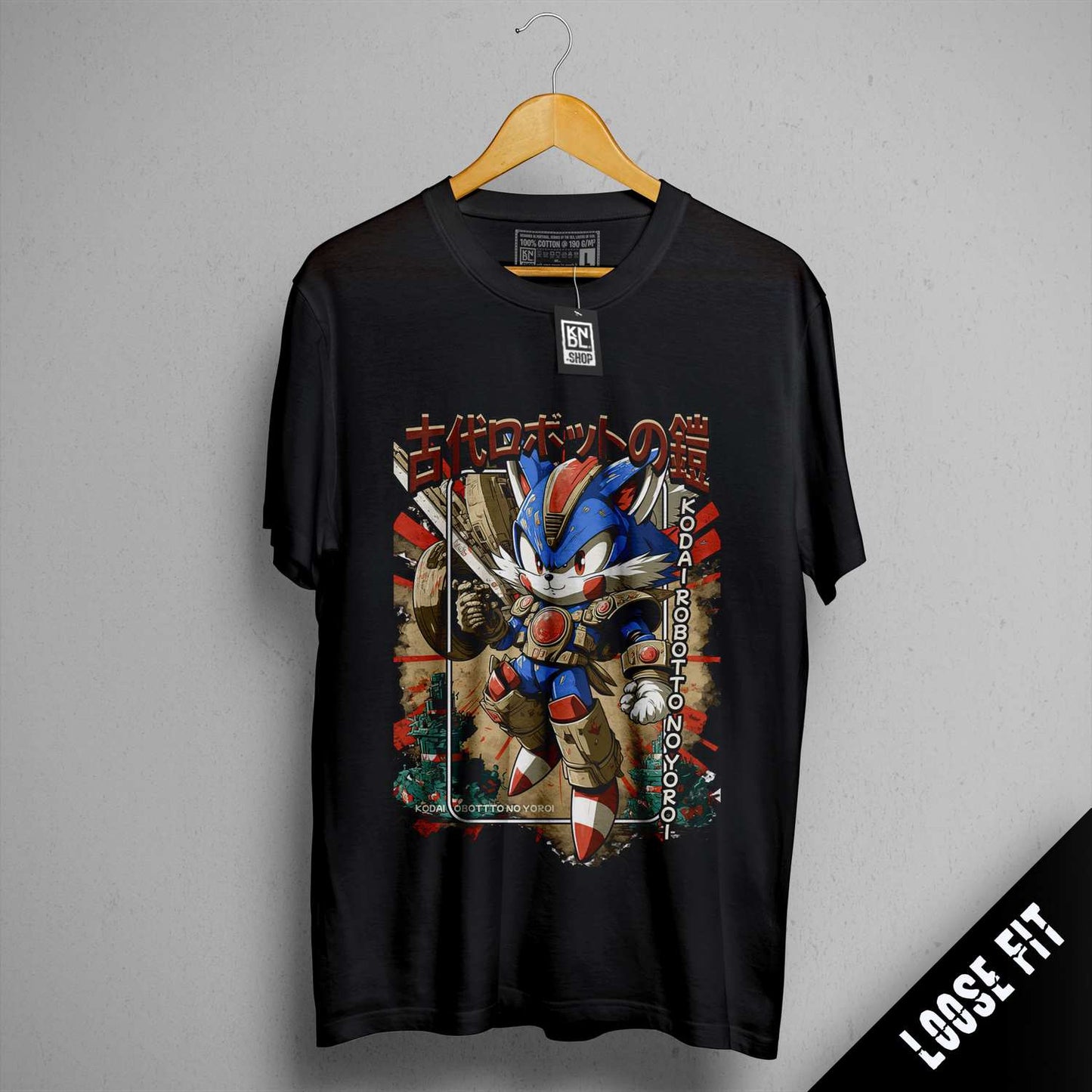 a black shirt with a picture of a robot on it