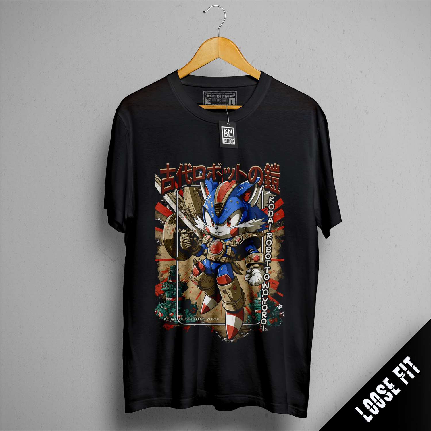 a black shirt with a picture of a robot on it