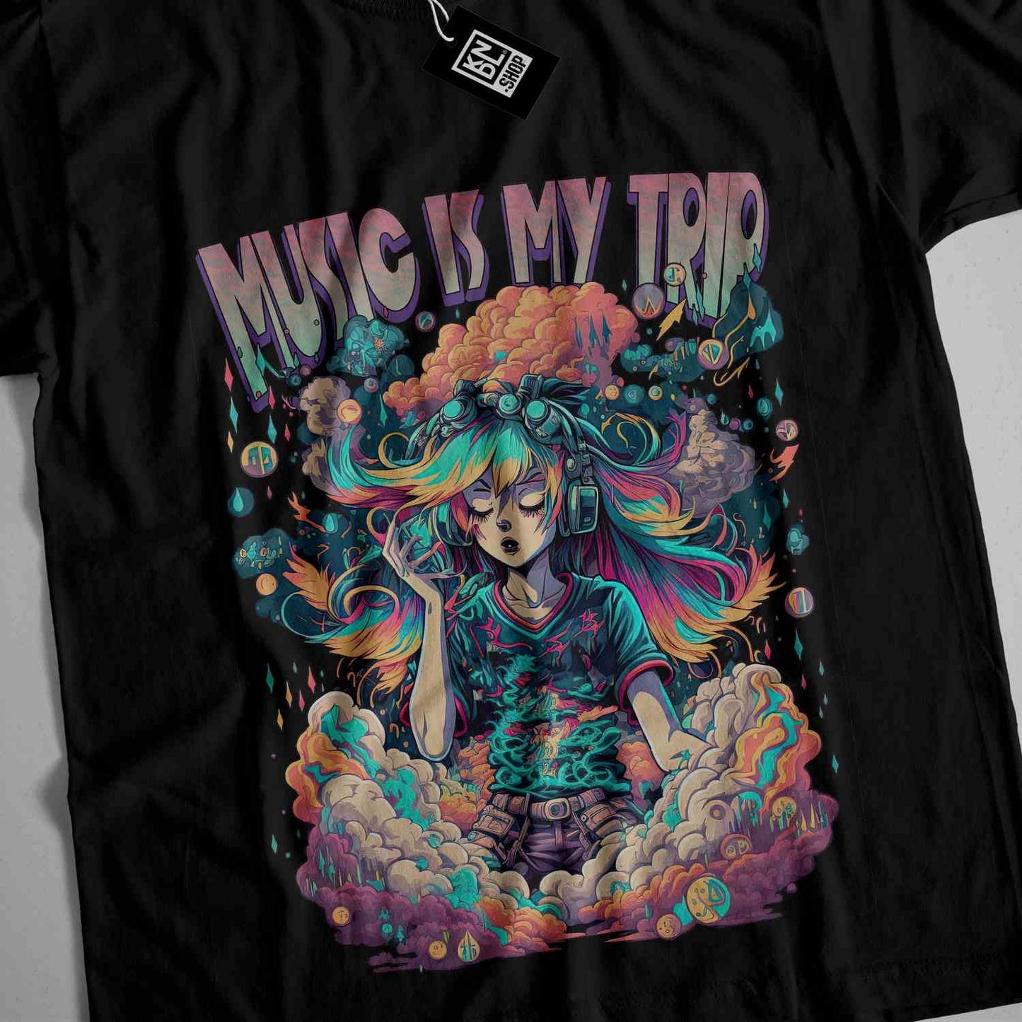 a black t - shirt with an image of a woman with long hair