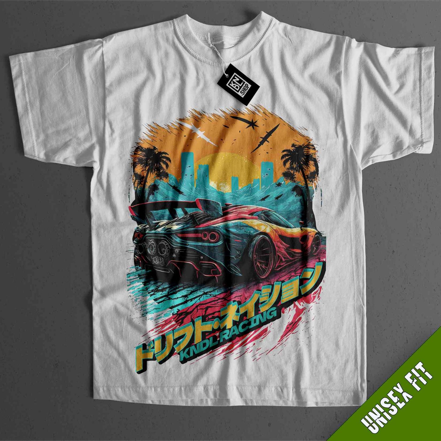 a white t - shirt with an image of a car on it