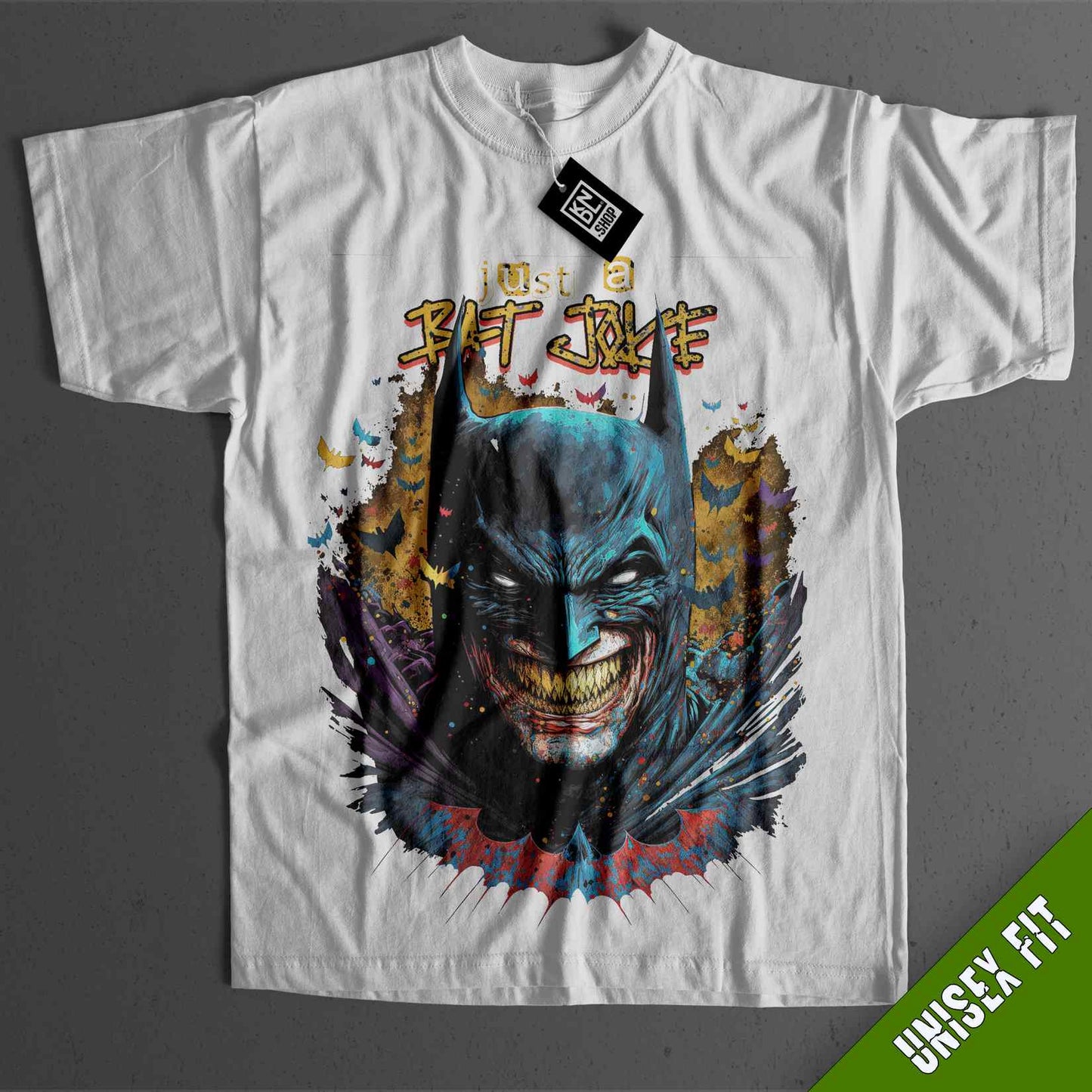 a white t - shirt with a batman graphic on it