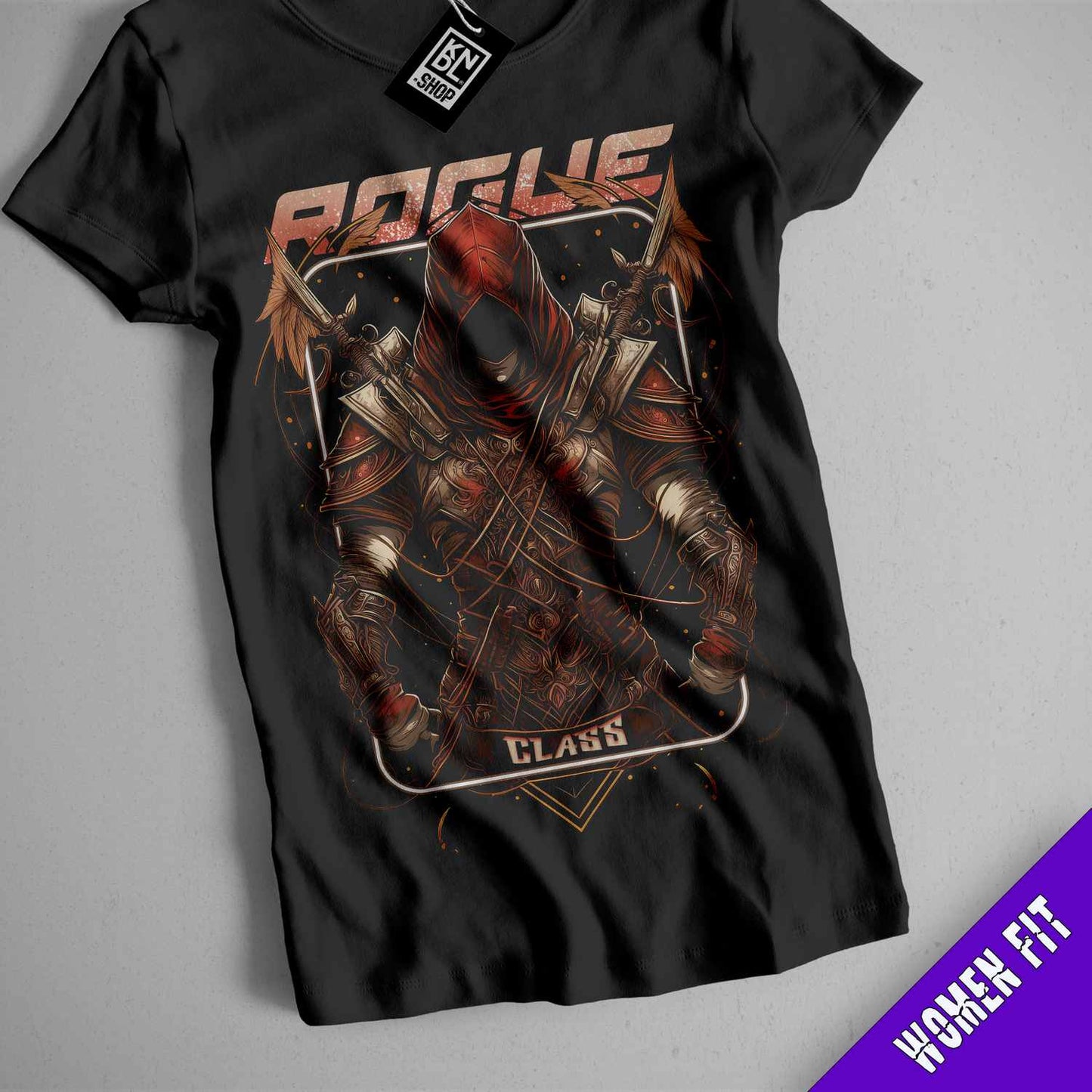 a black t - shirt with a picture of a robot holding a sword