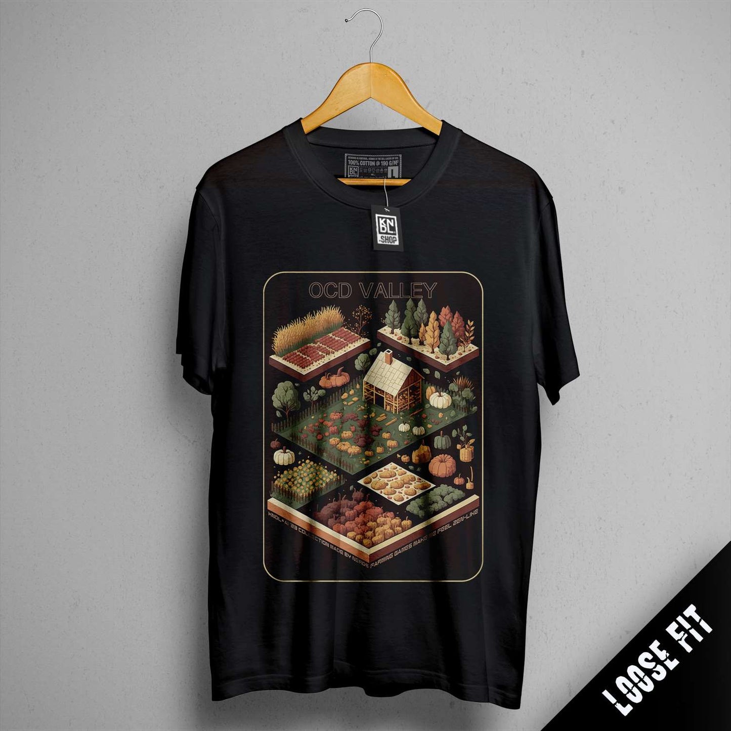 a black t - shirt with a picture of a tray of food on it