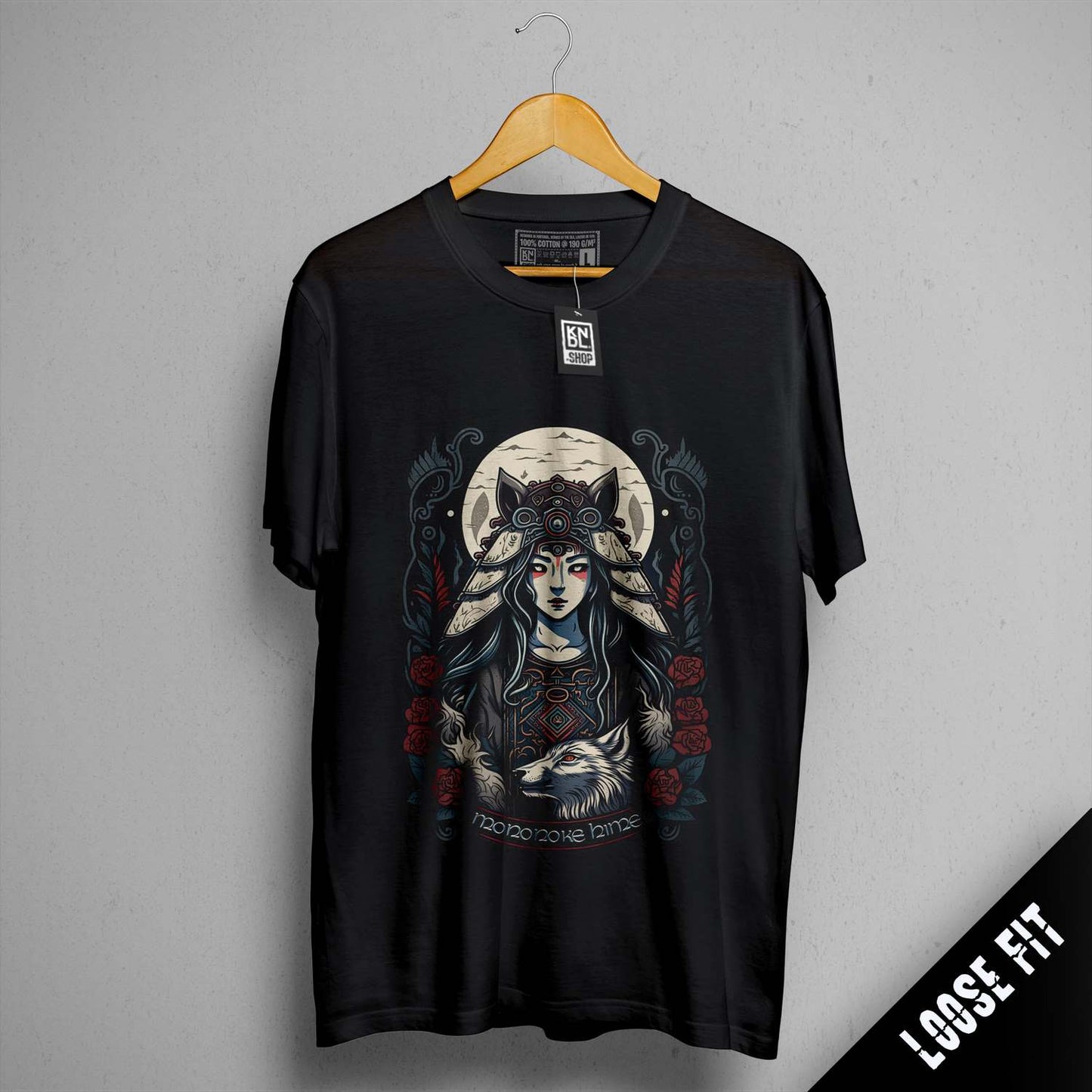 a black t - shirt with a picture of a woman and a wolf on it