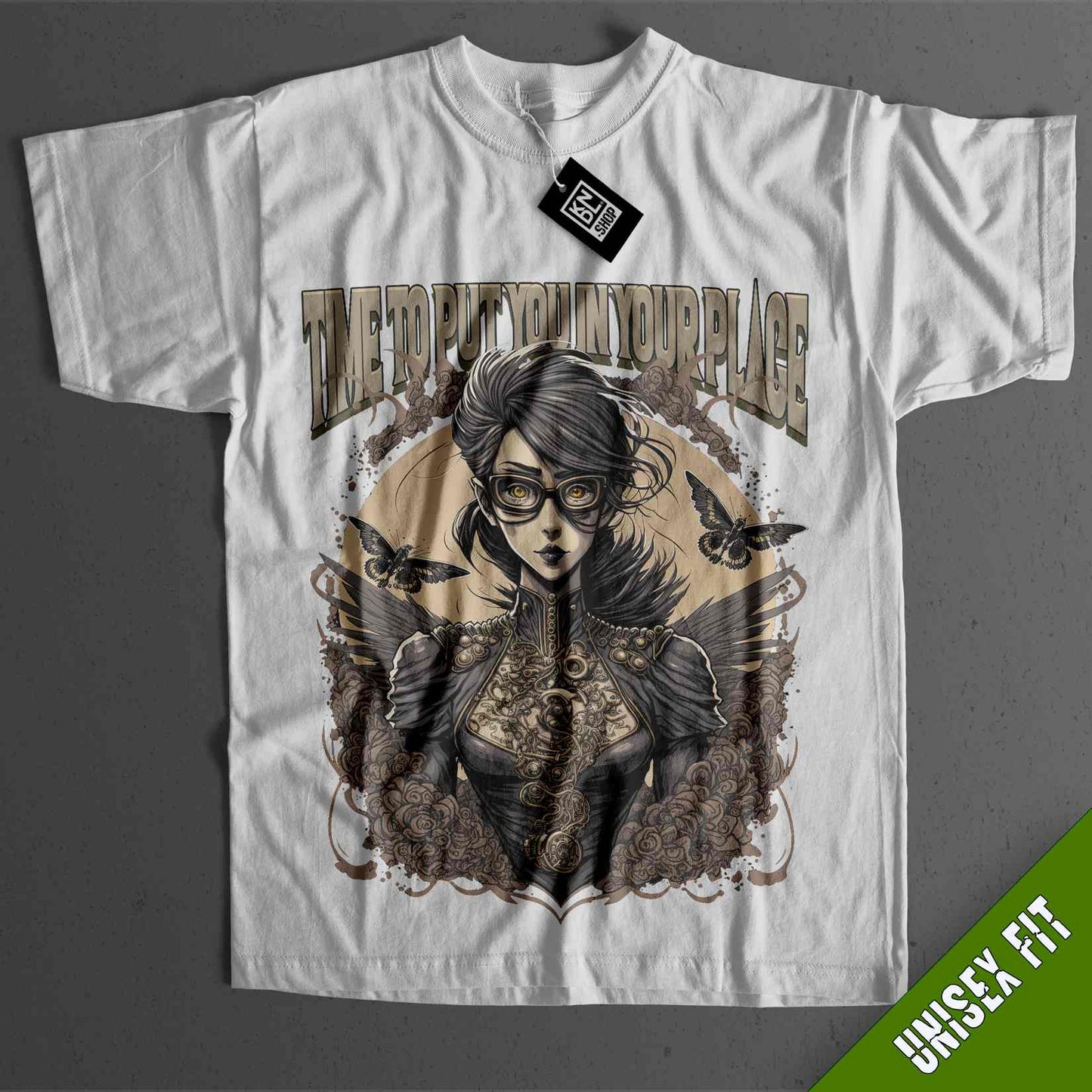 a white t - shirt with an image of a woman holding a gun