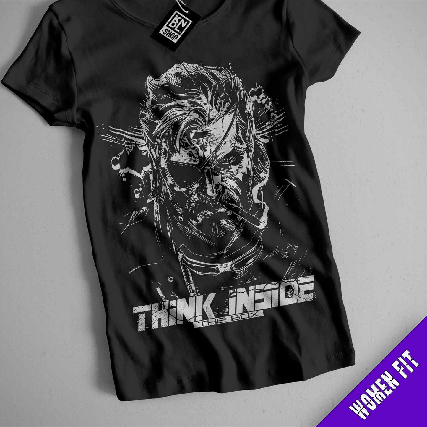 a black t - shirt with an image of a man with a gun in his