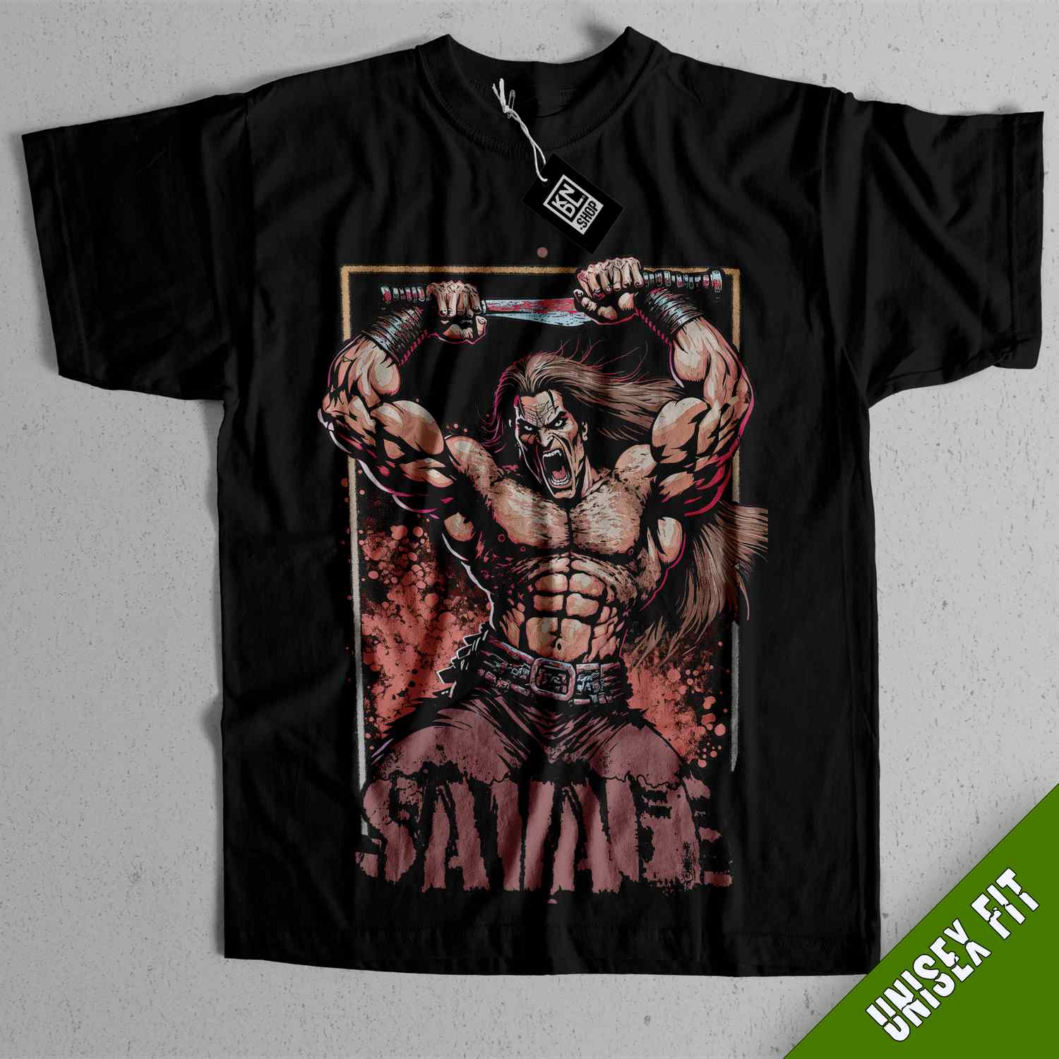 a black shirt with a picture of a wrestler on it
