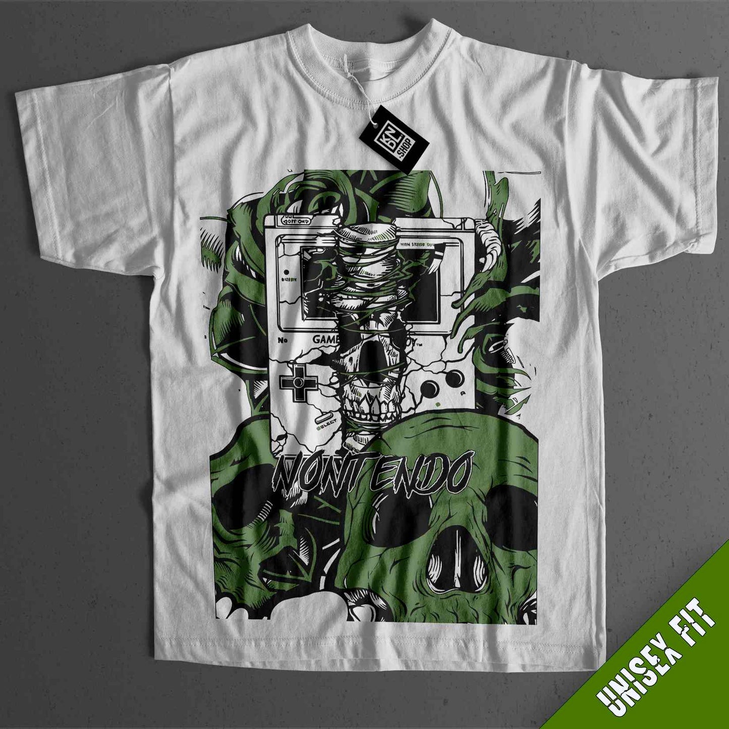 a white t - shirt with an image of a robot on it