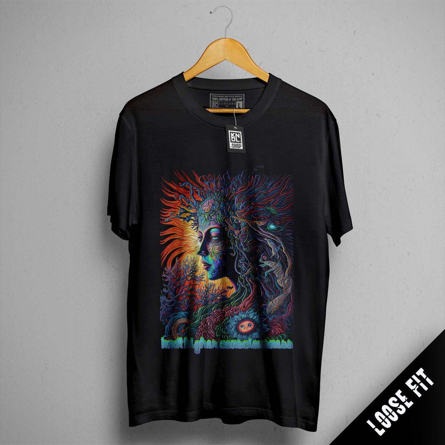 a black t - shirt with a picture of a woman and a lion on it