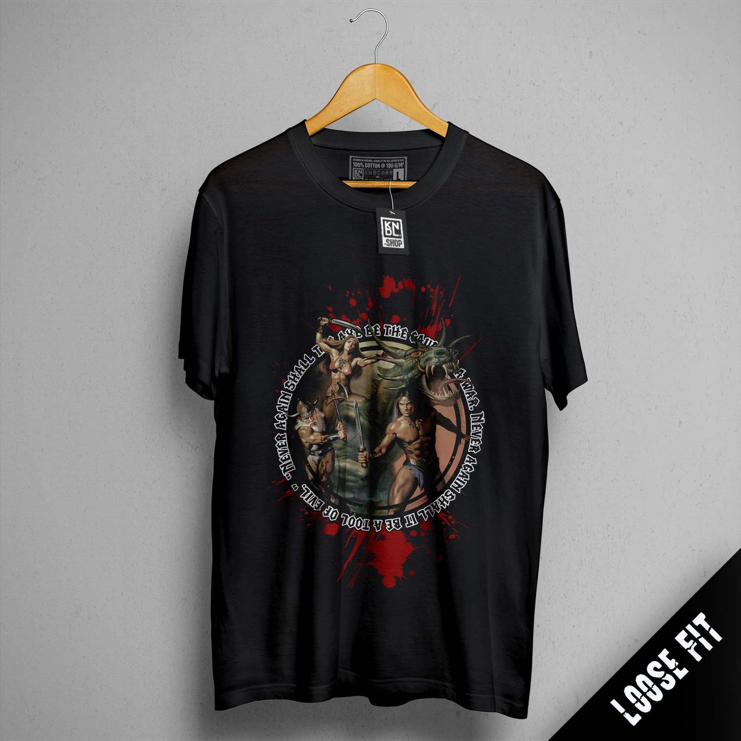 a black t - shirt with a picture of a woman and a man on it
