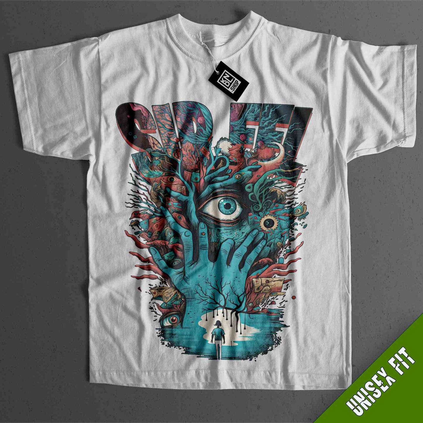 a white t - shirt with an image of a hand holding an eye