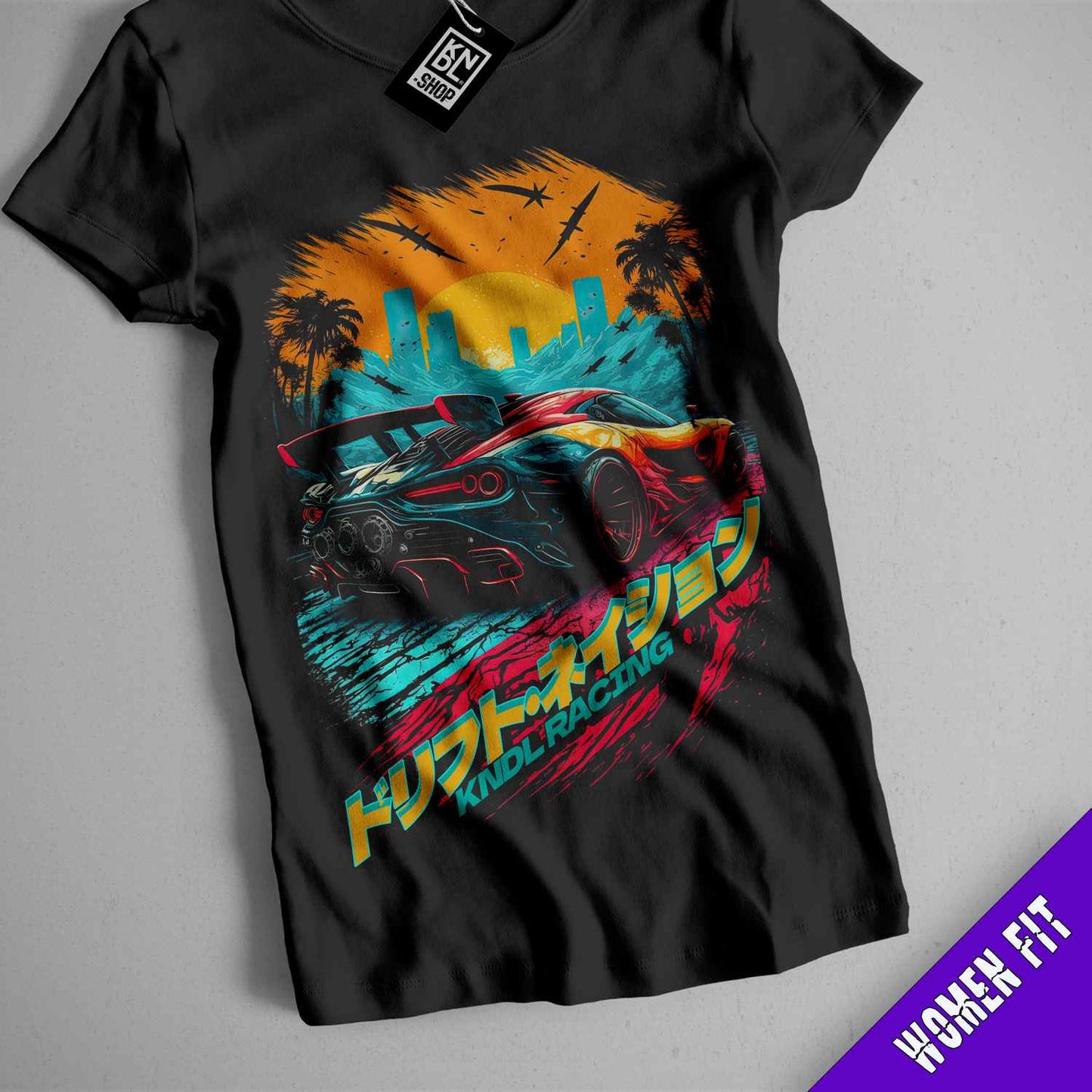a black t - shirt with an image of a car on it