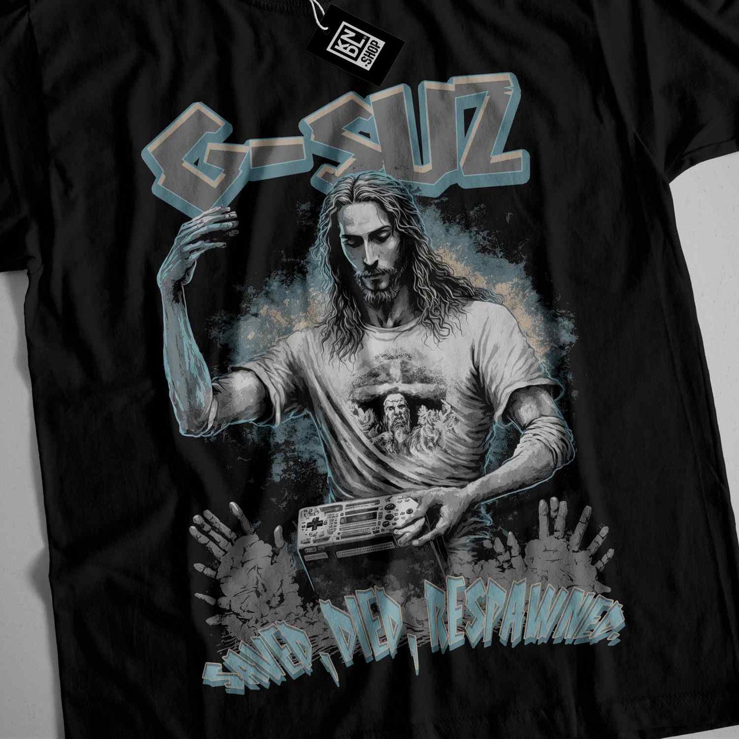 a black shirt with a picture of a man holding a radio