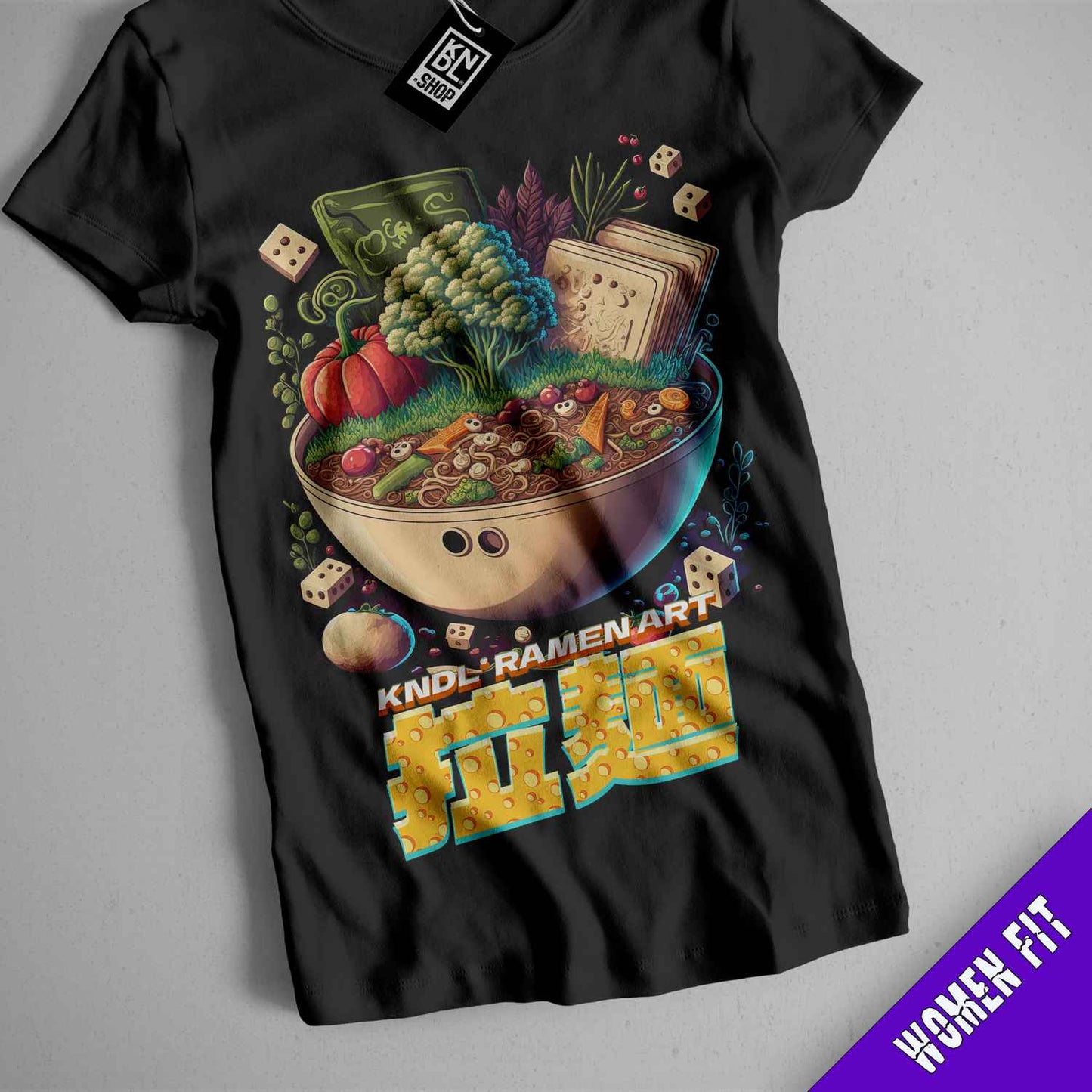 a black shirt with a picture of a bowl of food