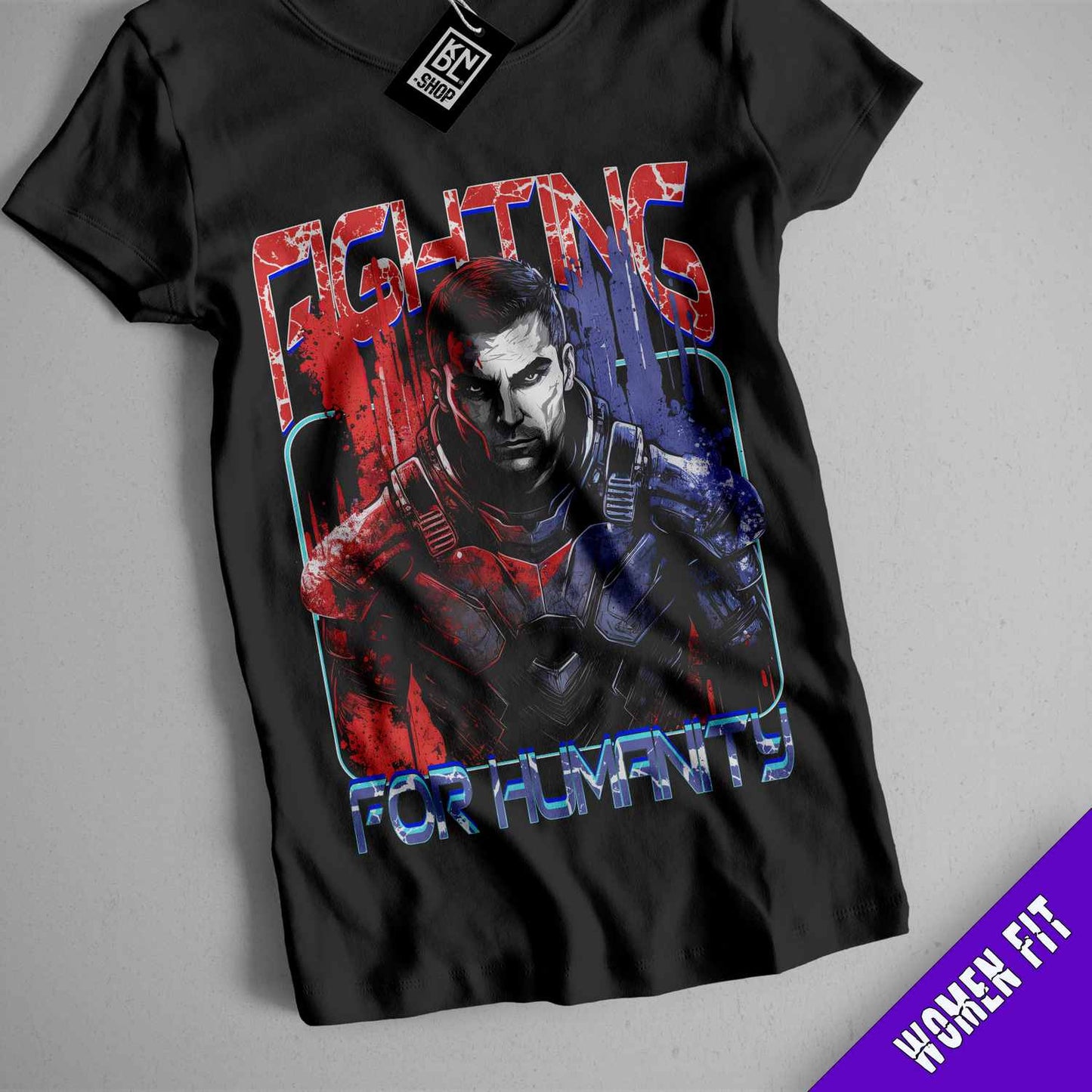 a black shirt with a picture of a man holding a gun