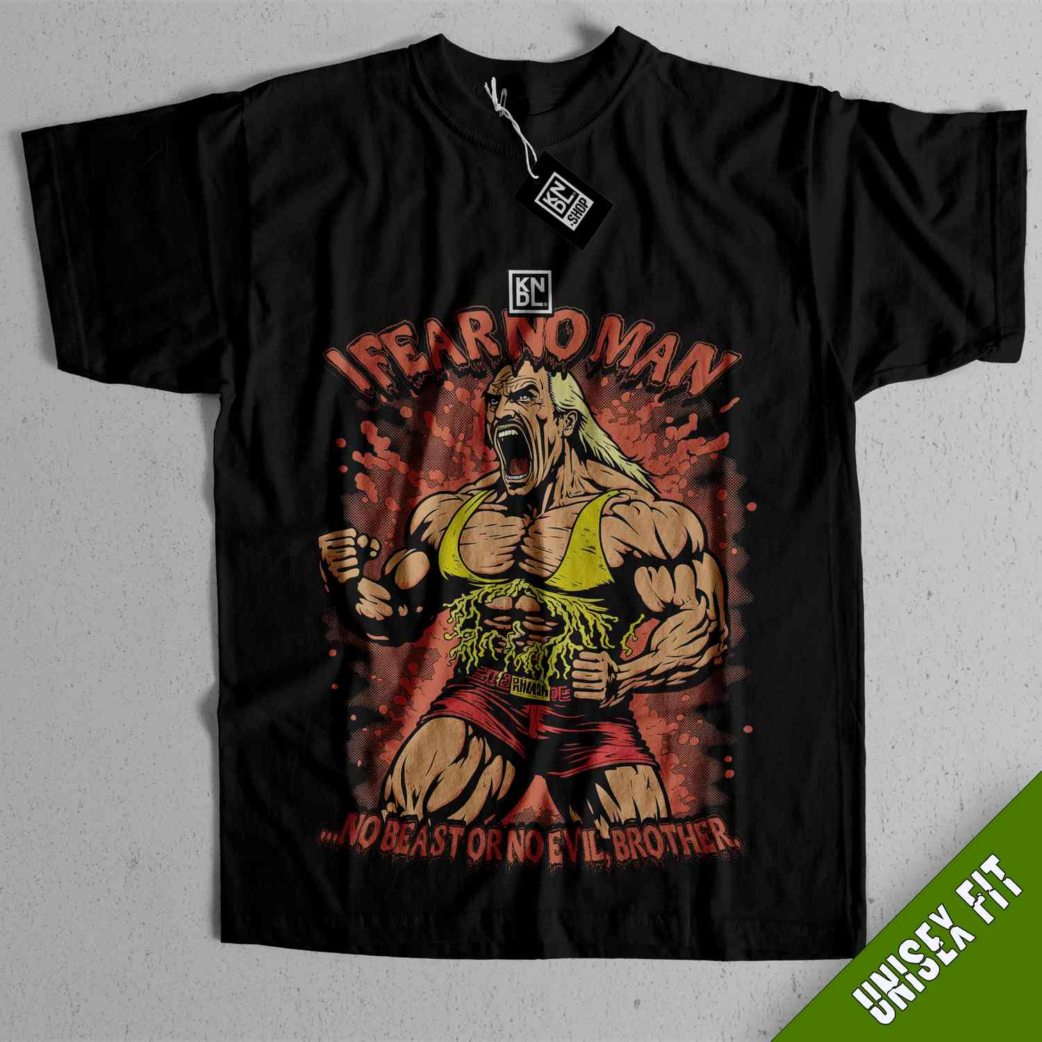 a black shirt with a picture of a wrestler on it