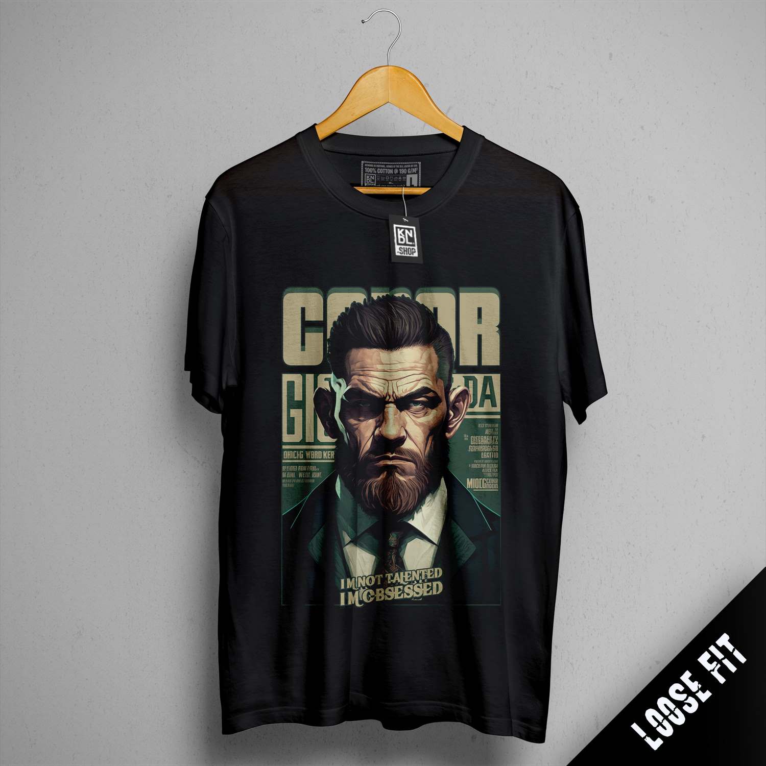 a black shirt with a picture of a man with a beard