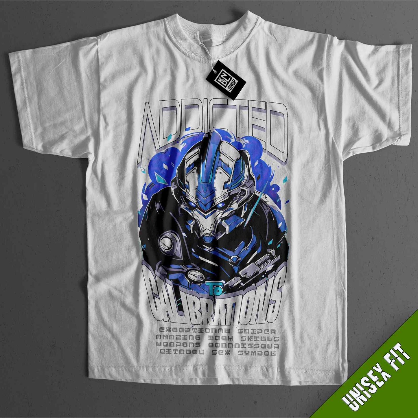 a white t - shirt with an image of a robot on it