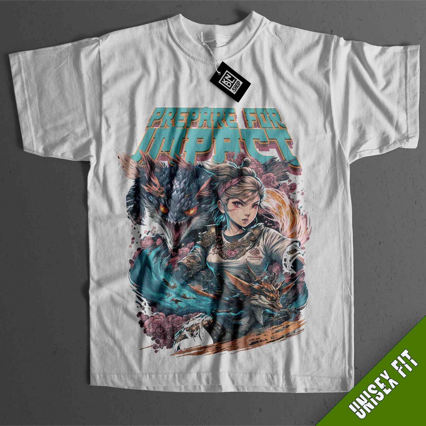 a white t - shirt with an image of a woman holding a gun