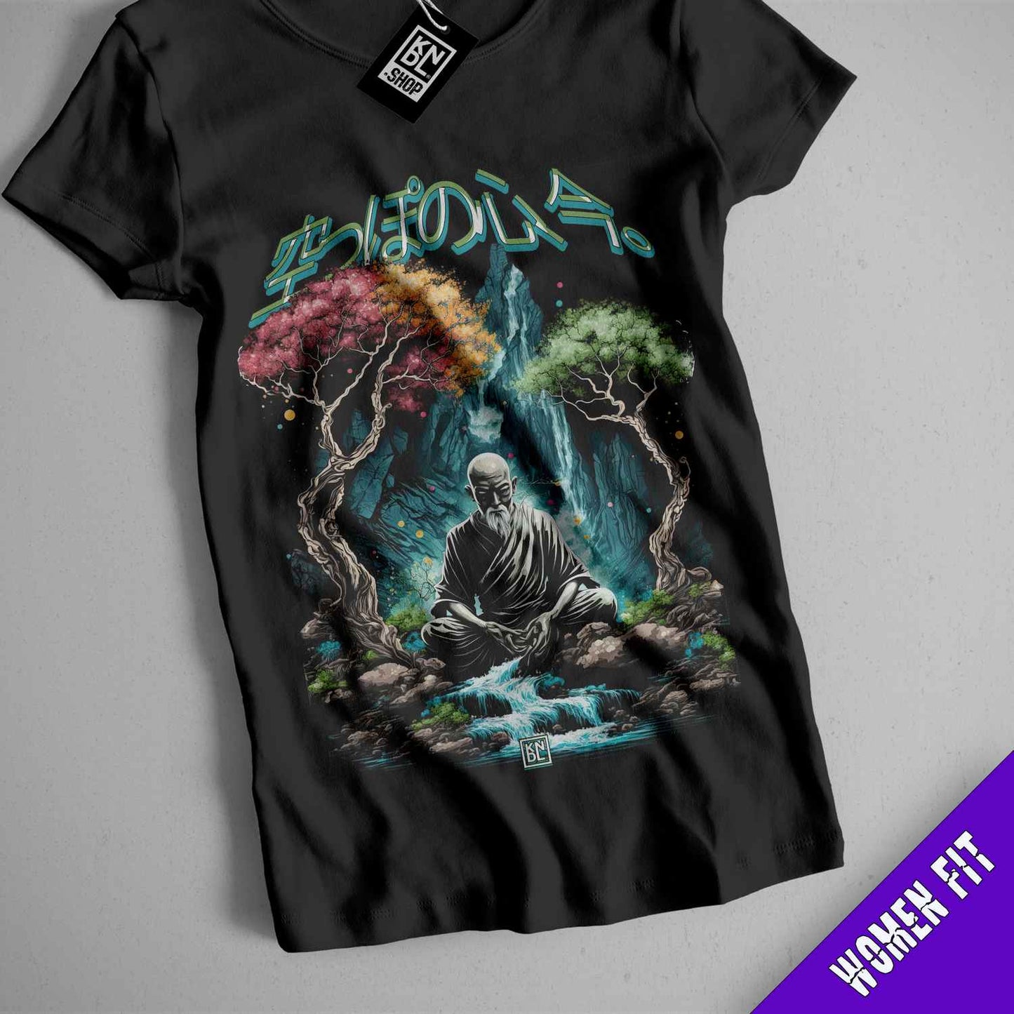 a black shirt with a skeleton sitting on a rock